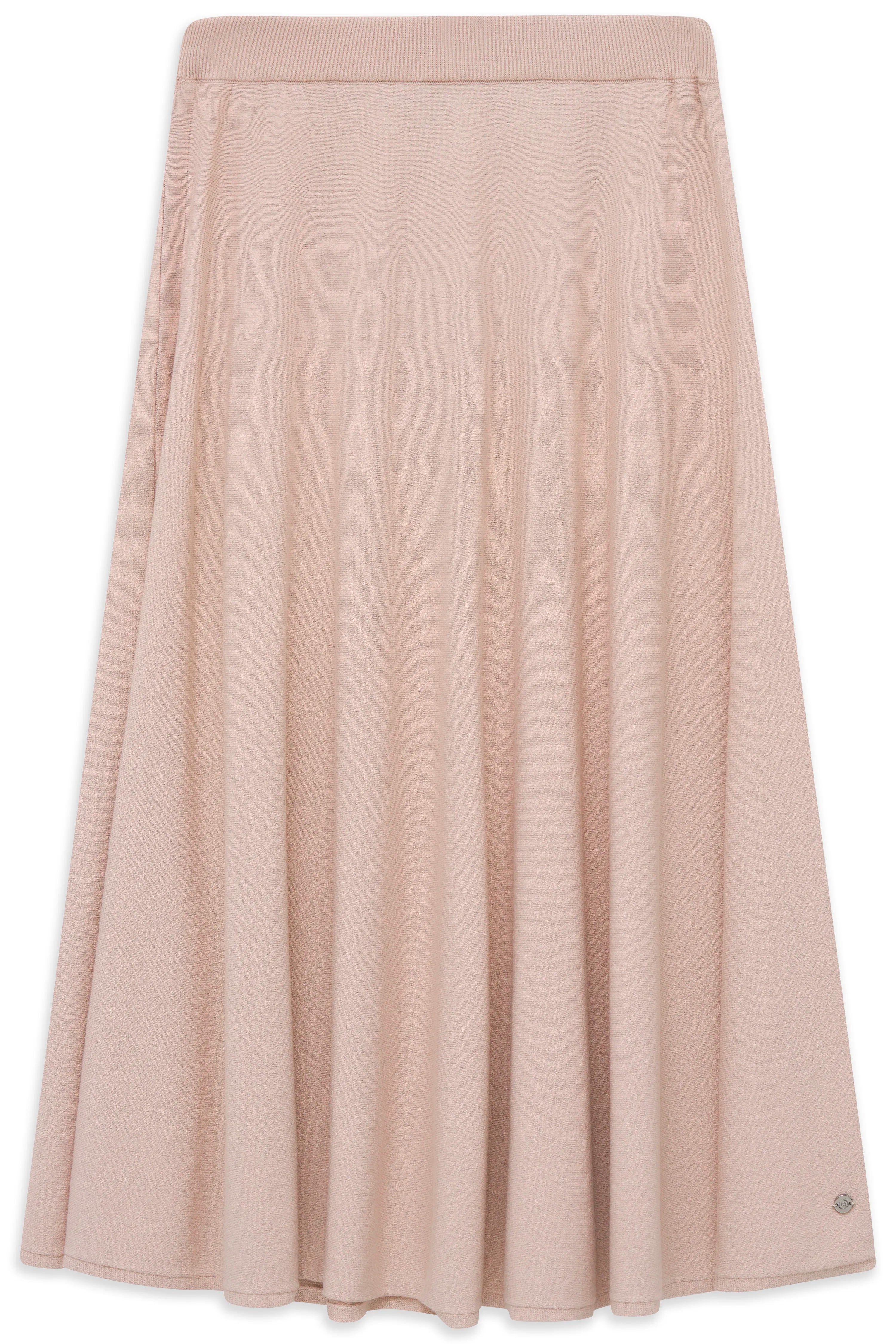 Alt-Text: Eleganter bugatti Rock in sanftem Beige, fließender Stoff, Legerbild, zeitloses Design.