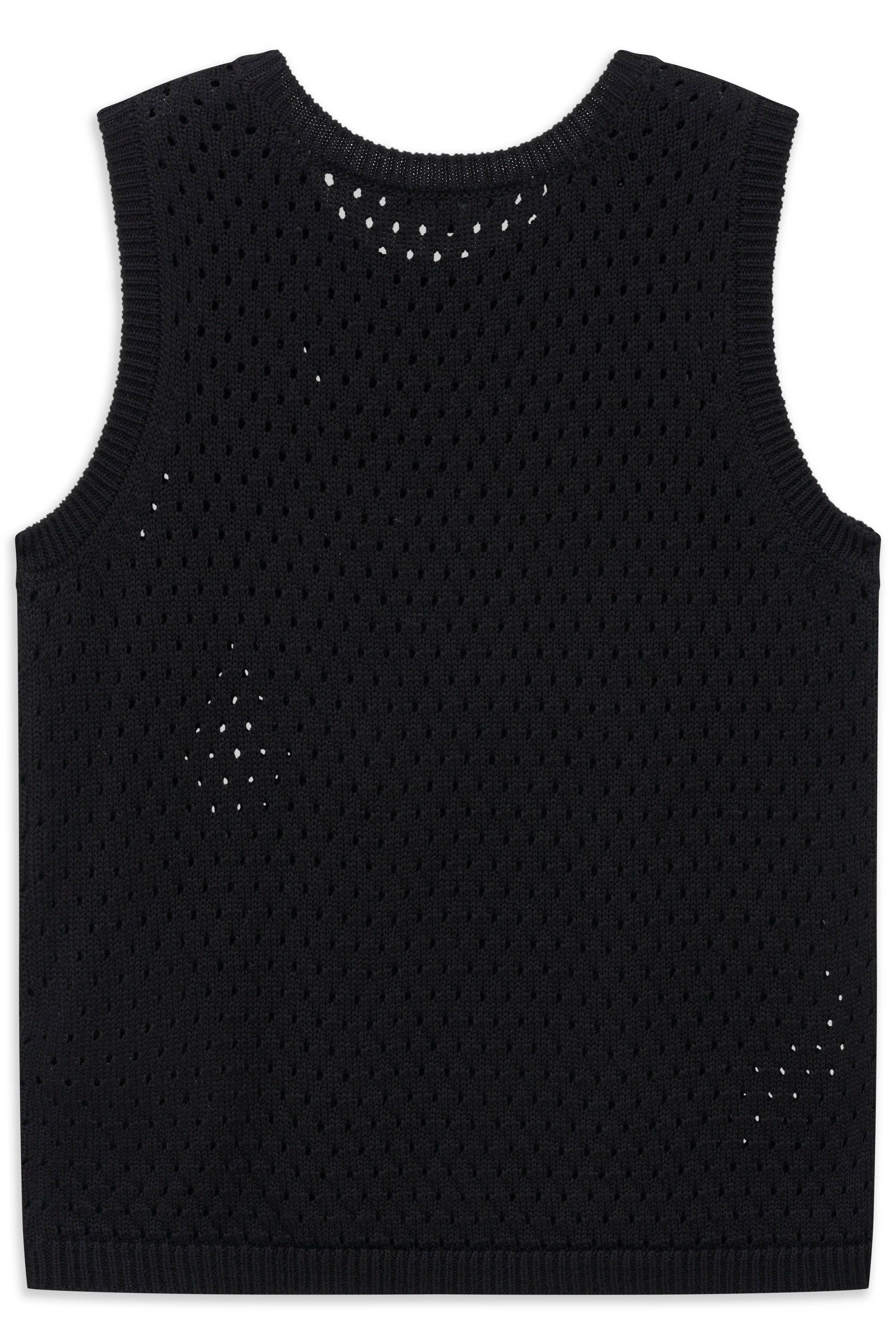 Schwarze ärmellose Strickweste, Lochmuster, legeres Büstenbild.