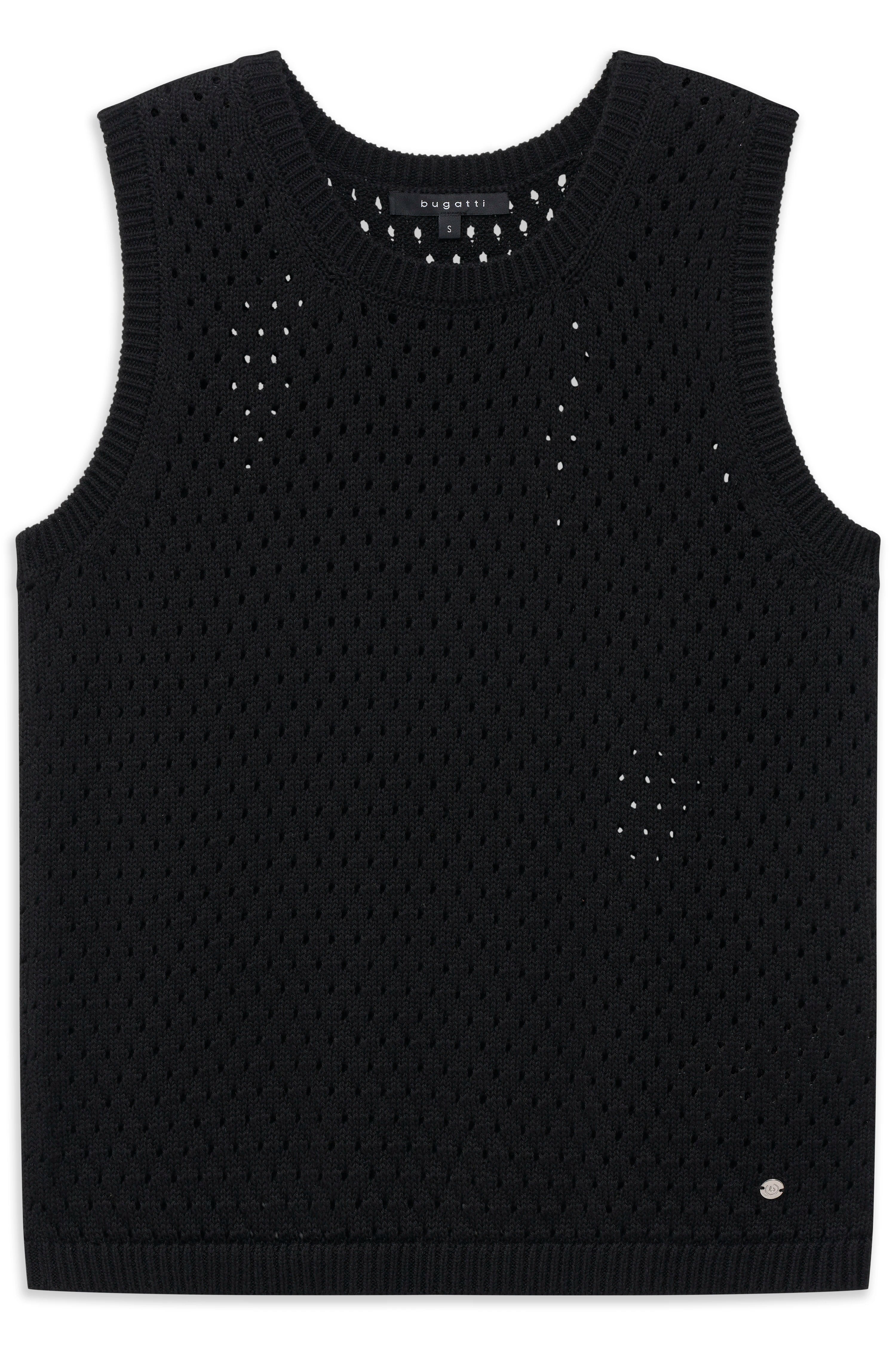 Ärmelloses, schwarzes bugatti Stricktop mit Lochmuster, Büstenbild.