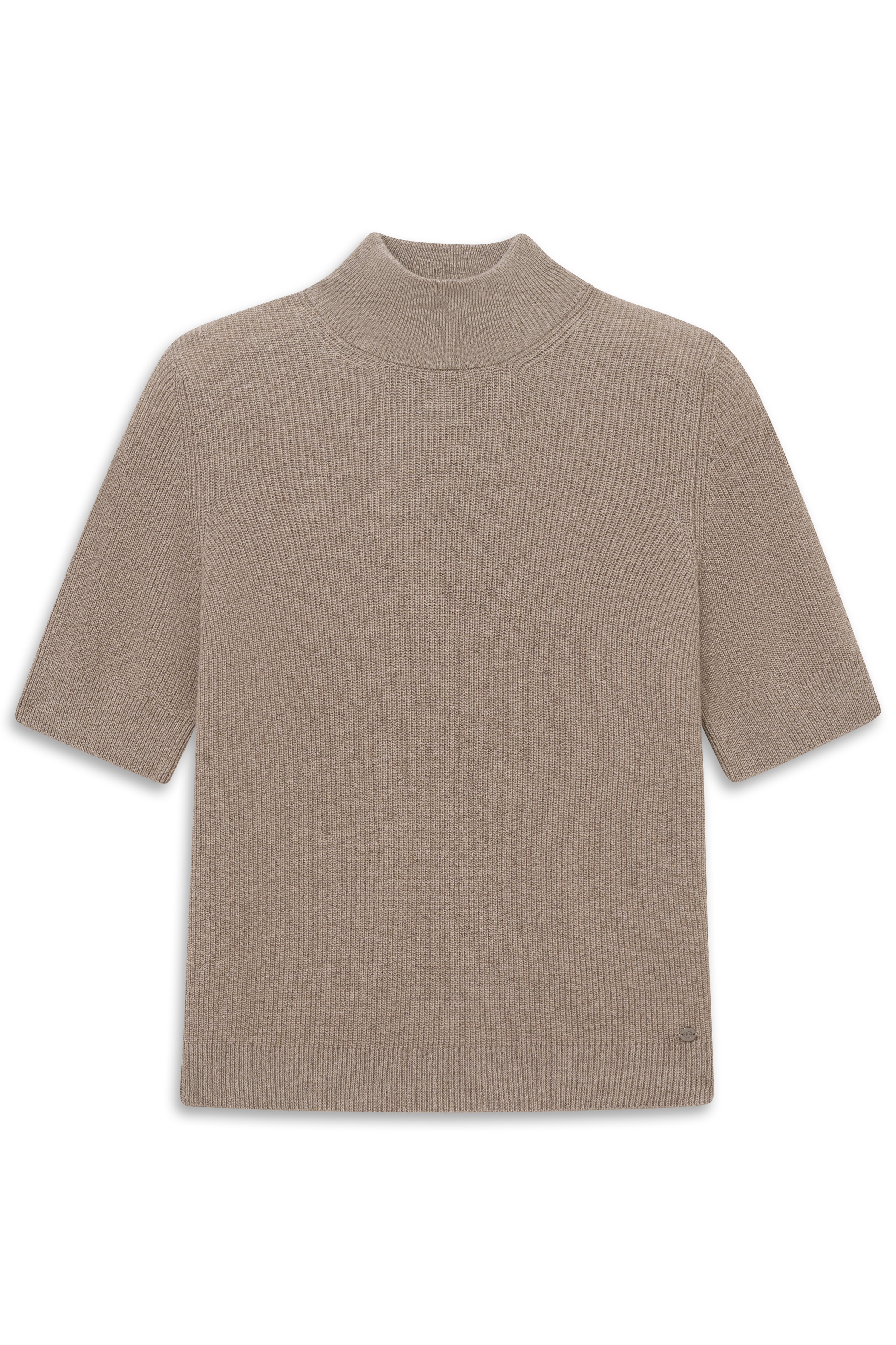 Beiger bugatti Strickpullover, Büstenbild, mit halblangen Ärmeln und Stehkragen.