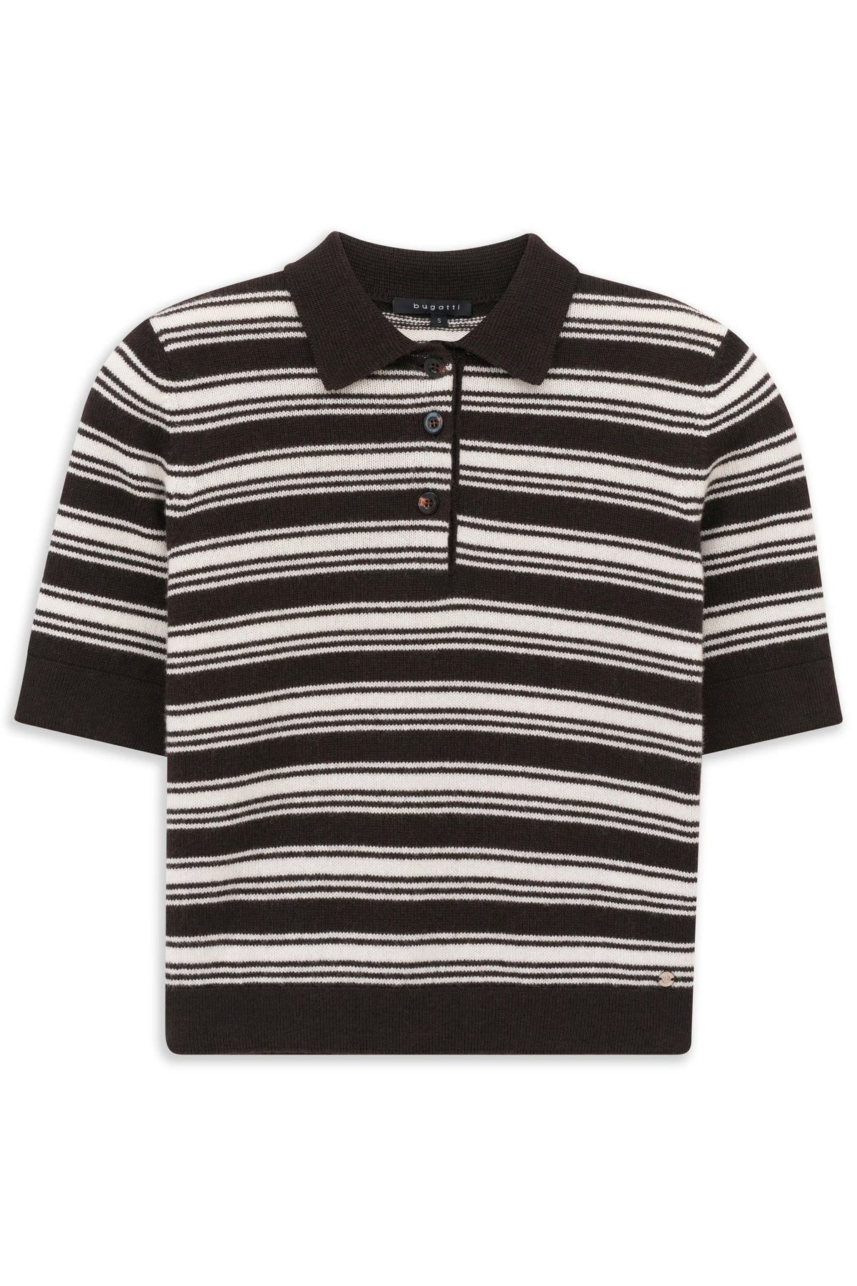 "bugatti gestreiftes Polo in Schwarz-Weiß, Büstenbild, klassisches Design, zeitloser Stil."