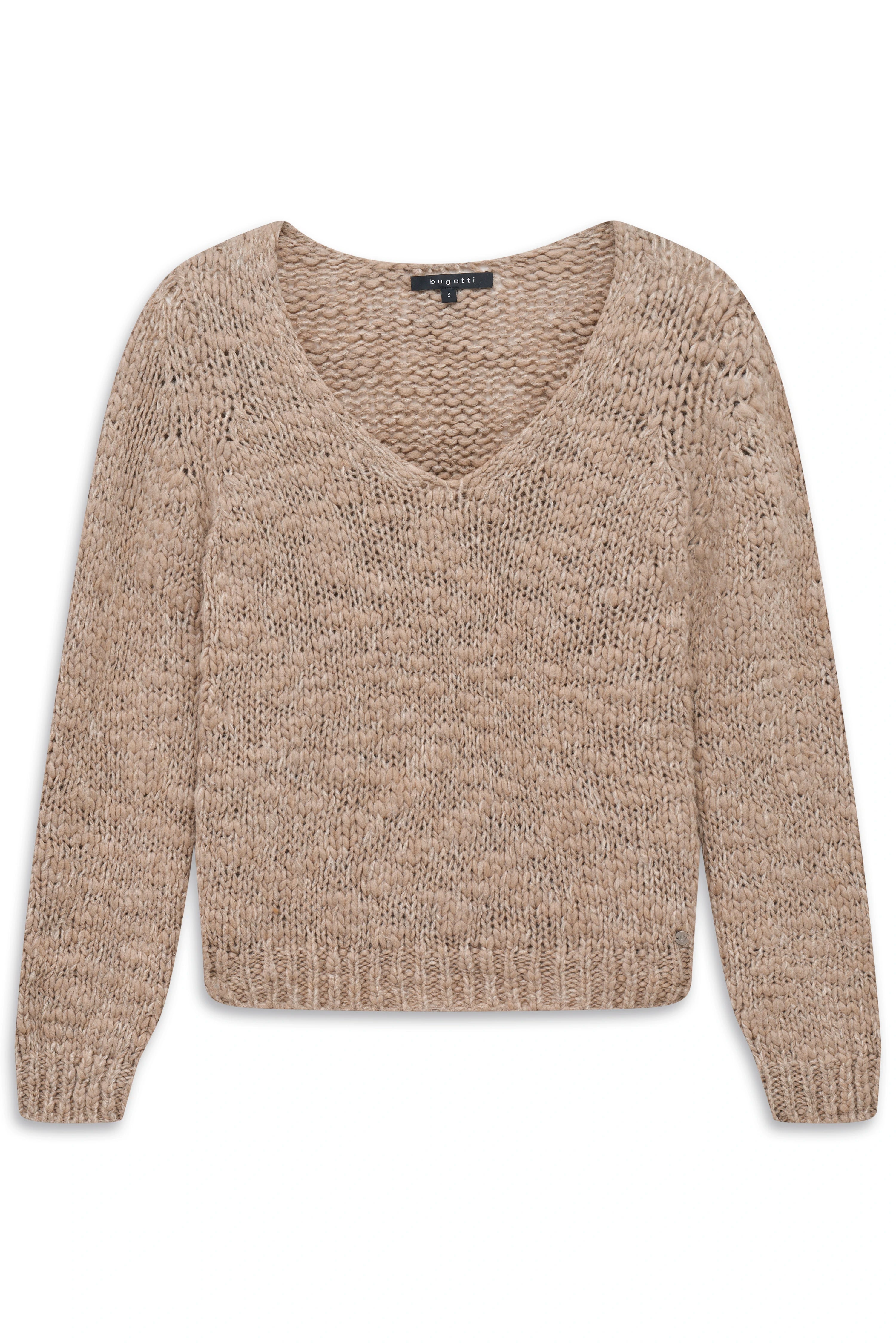 Beiger Strickpullover von bugatti, Büstenbild, grob gestrickt, V-Ausschnitt, lange Ärmel.