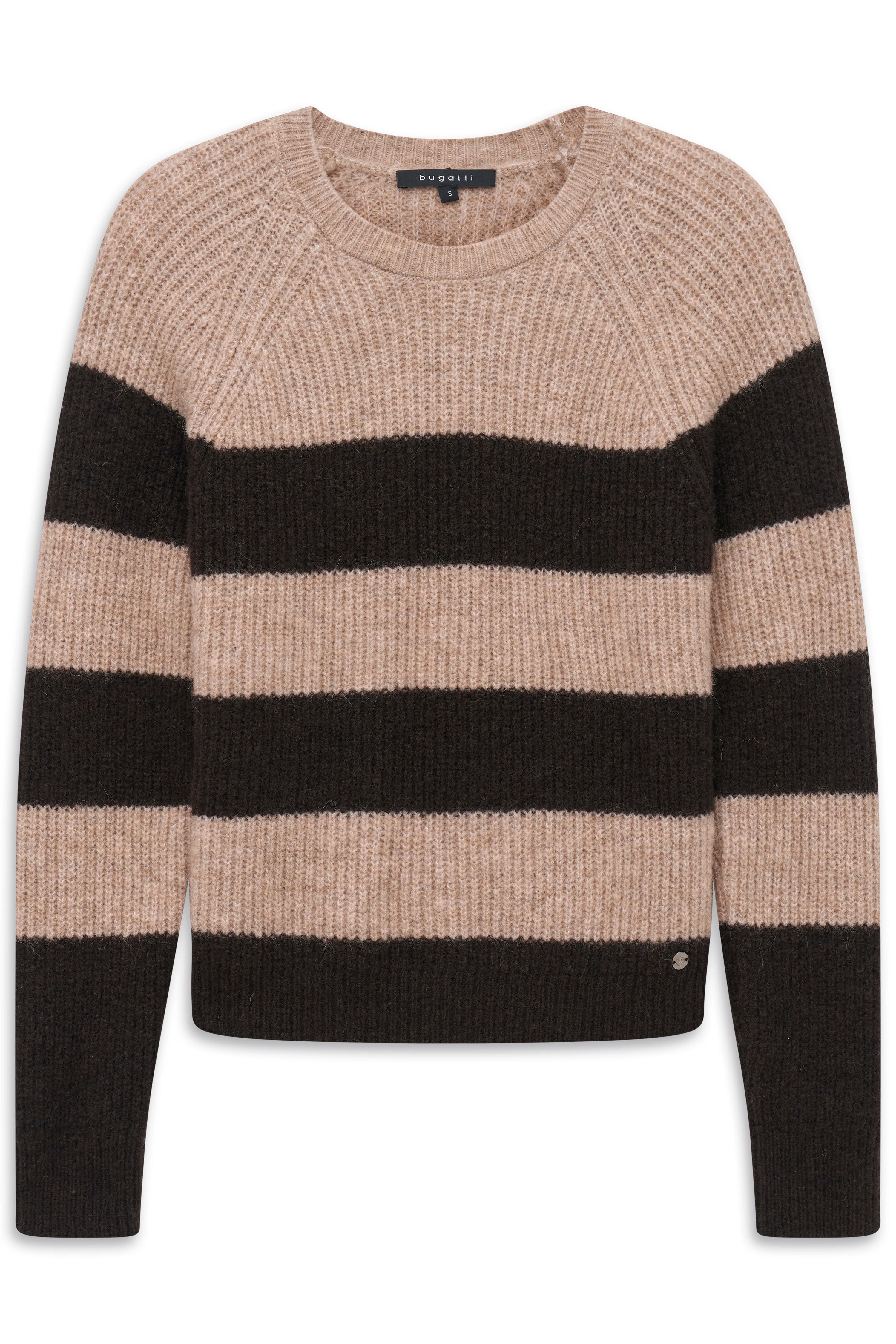 Beigebrauner Streifenpullover von bugatti, Büstenbild, strukturierter Strick, stilvoll und gemütlich.