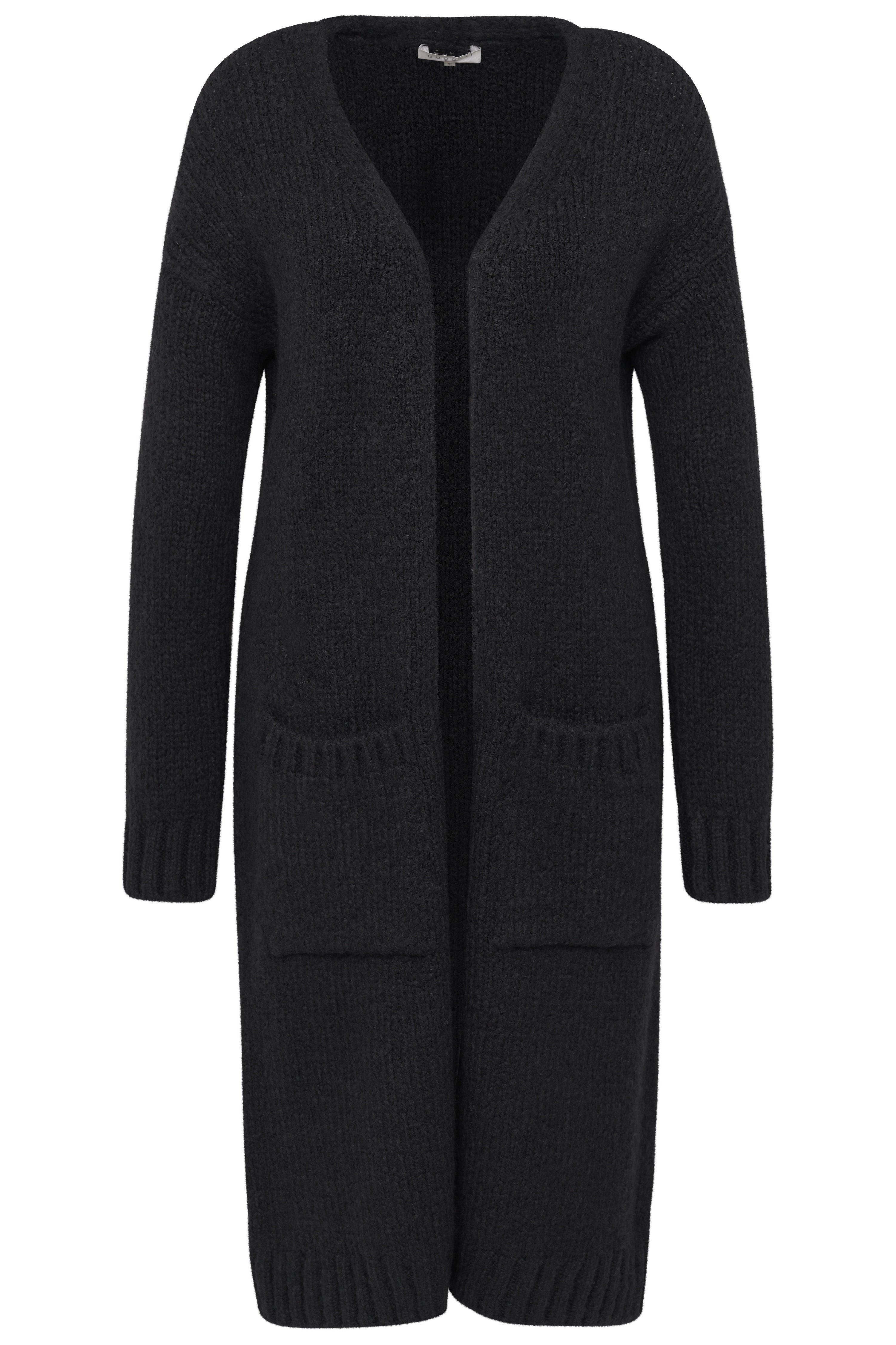 Langer schwarzer bugatti Cardigan, Büstenbild, mit zwei Fronttaschen, aus weichem Strickmaterial.