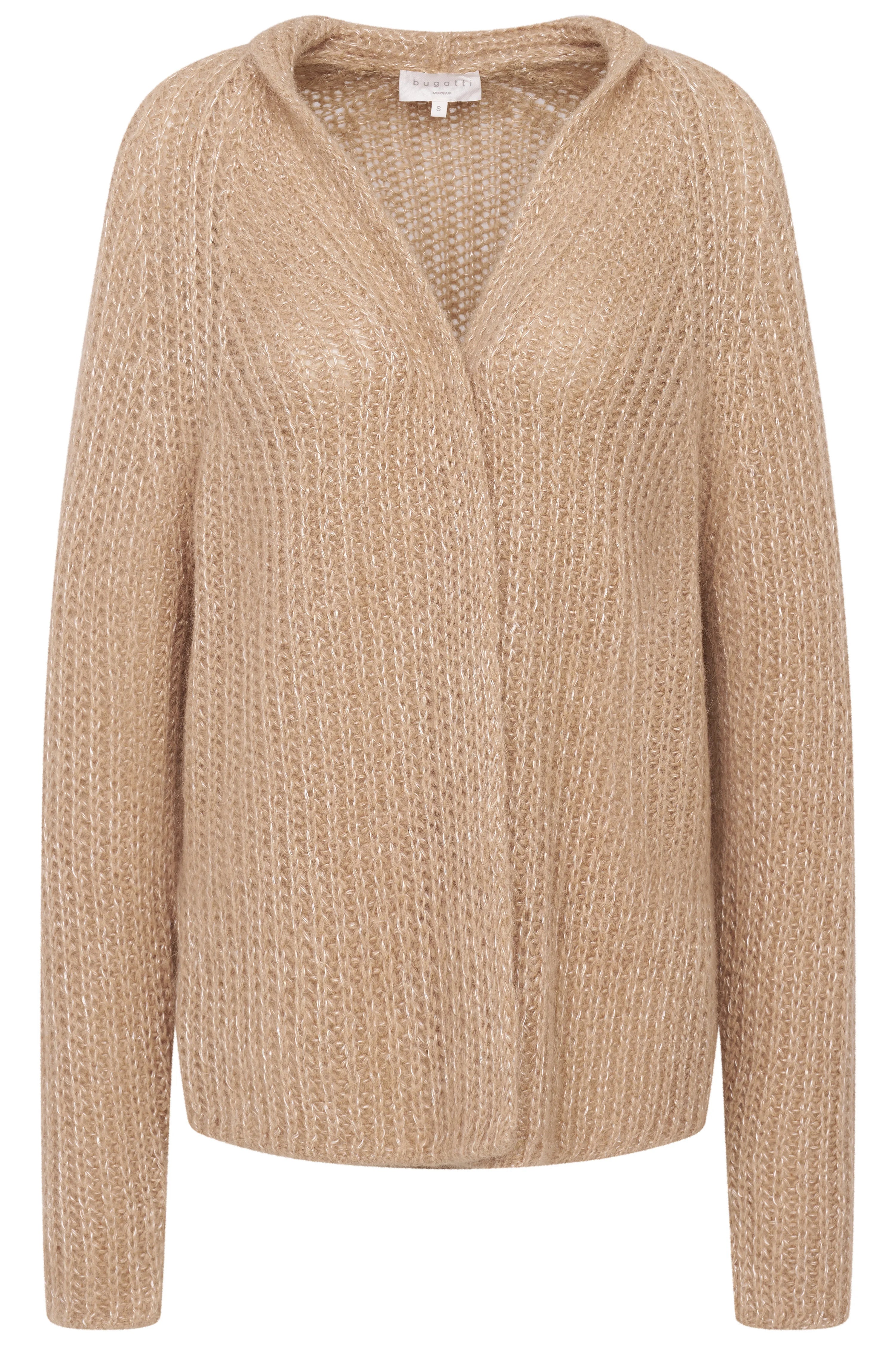 Beige bugatti Strickjacke, leger, grobes Strickmuster, Büstenbild.