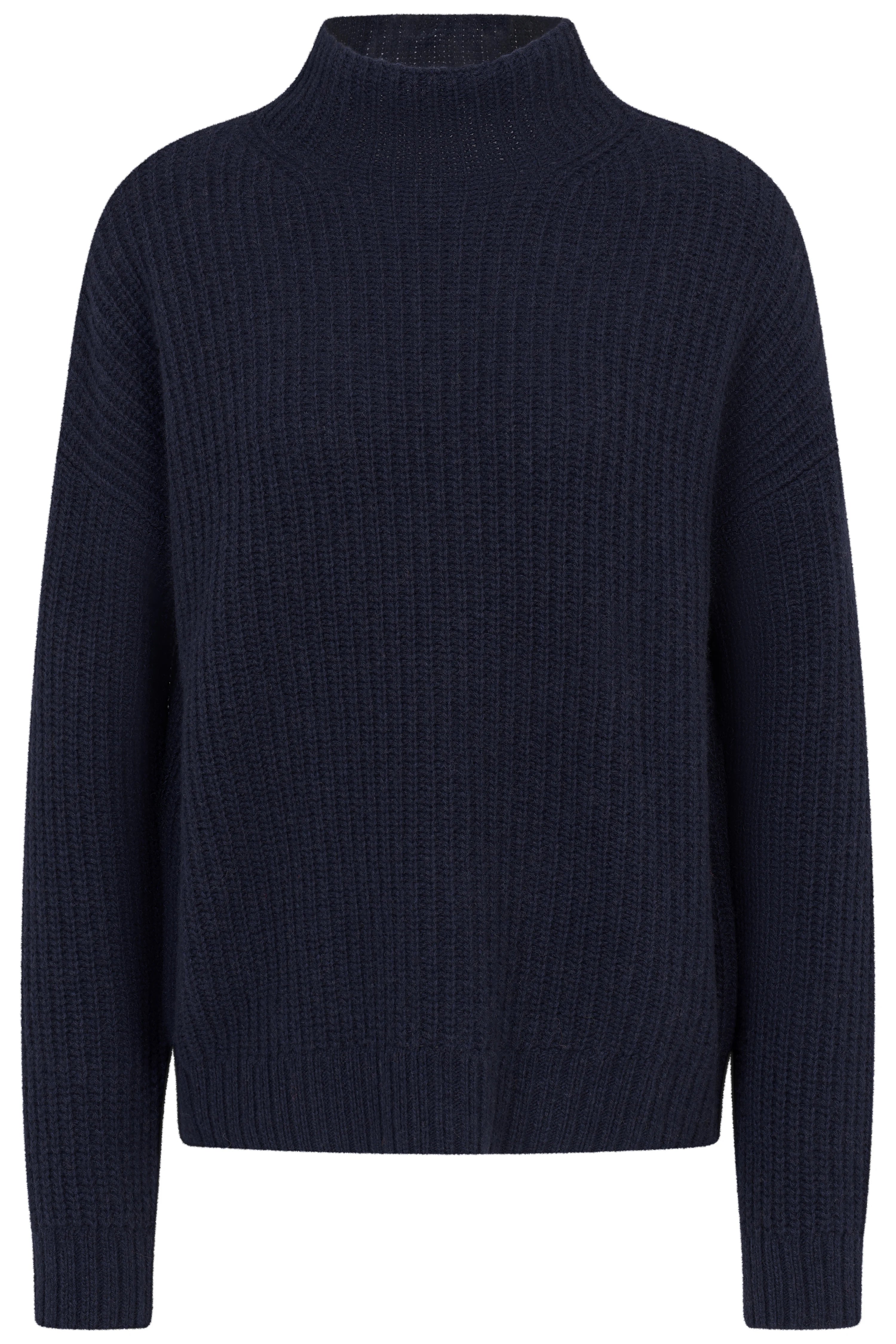 Dark blue ribbed bugatti sweater, bust shot, high collar design.