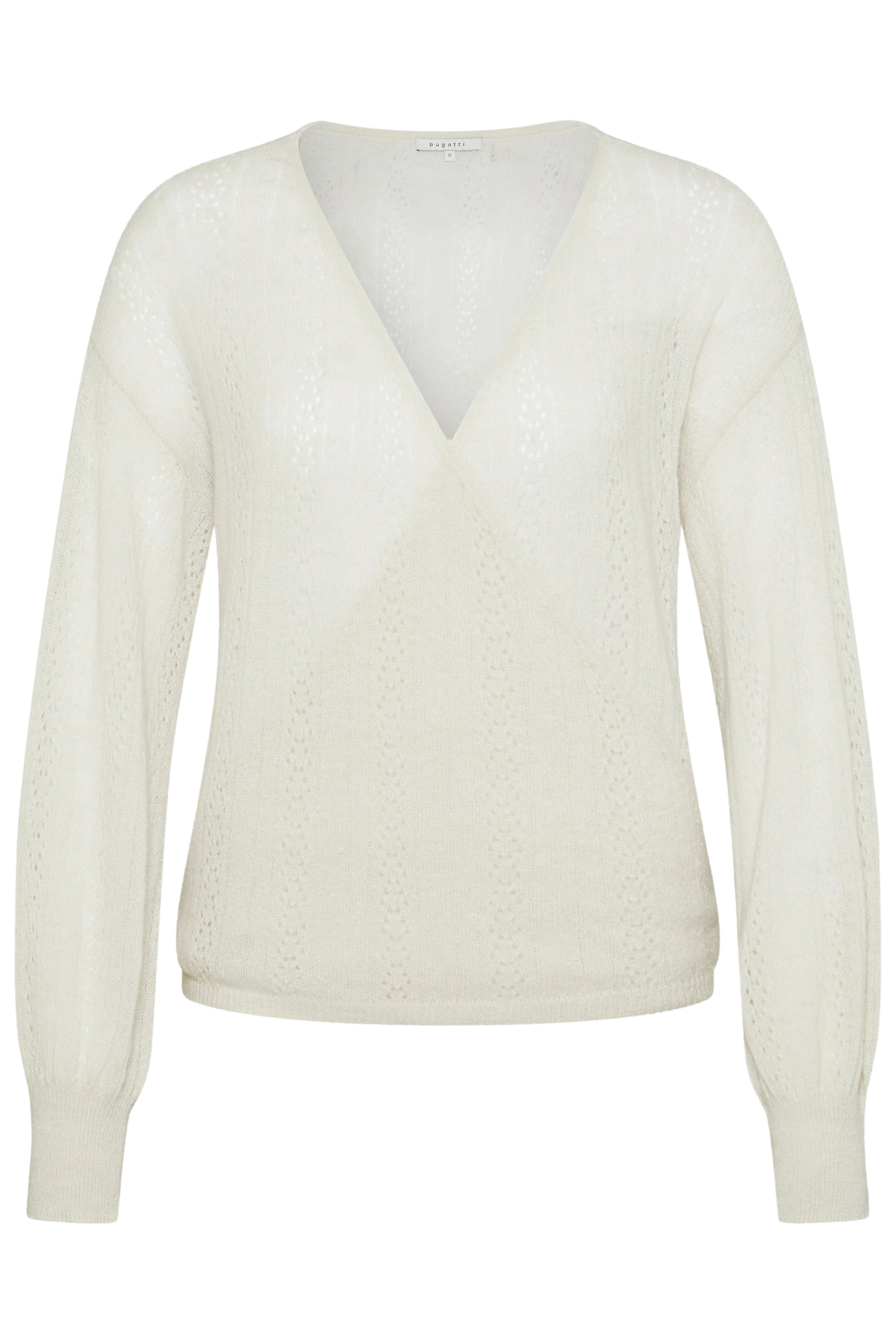 Witte bugatti trui met V-hals en textuurpatroon, busteweergave.