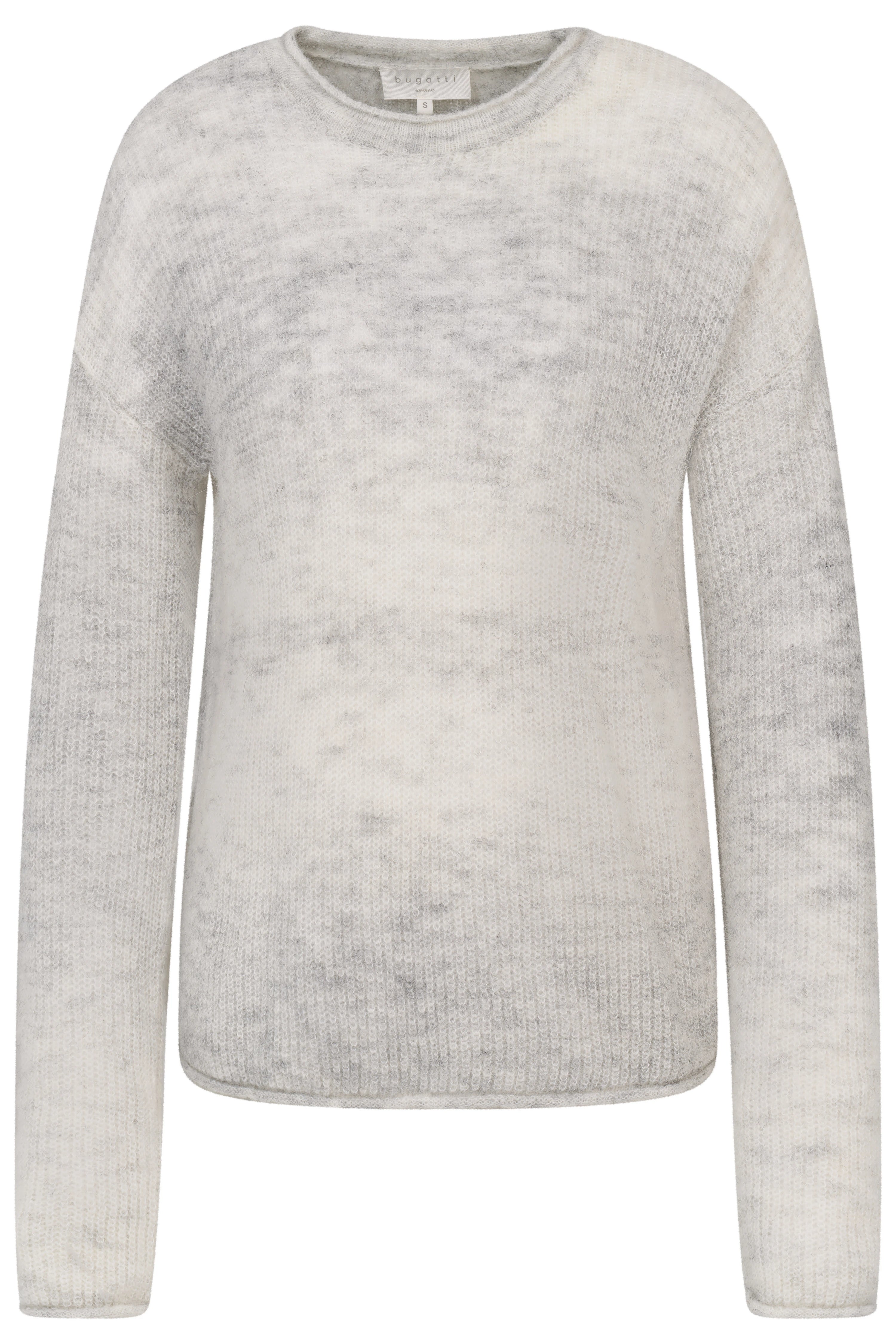 Grau melierter Pullover von bugatti, Büstenbild, weiches Material, zeitloser Stil.