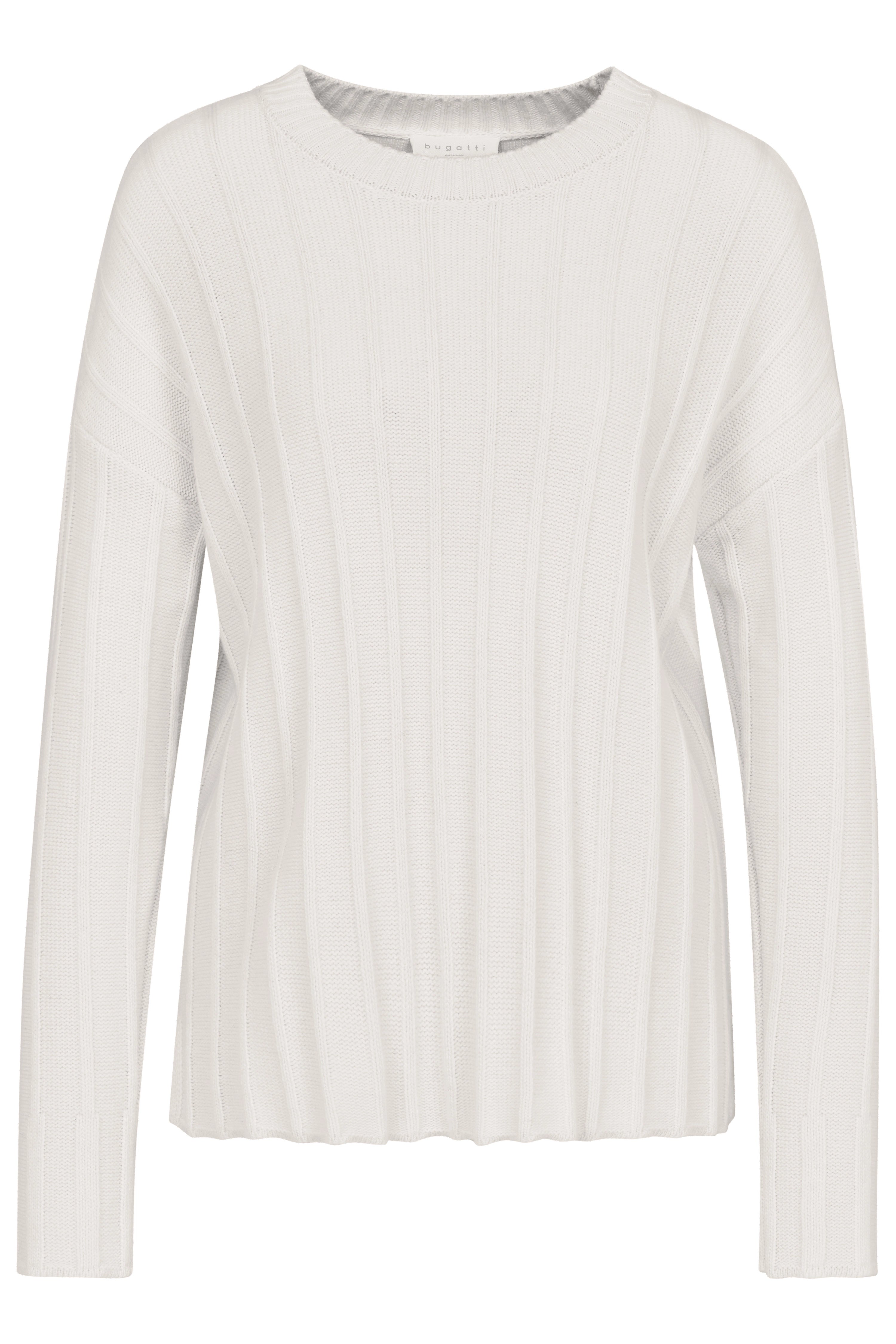 Weißer Pullover mit Rippmuster von bugatti, Büstenbild.