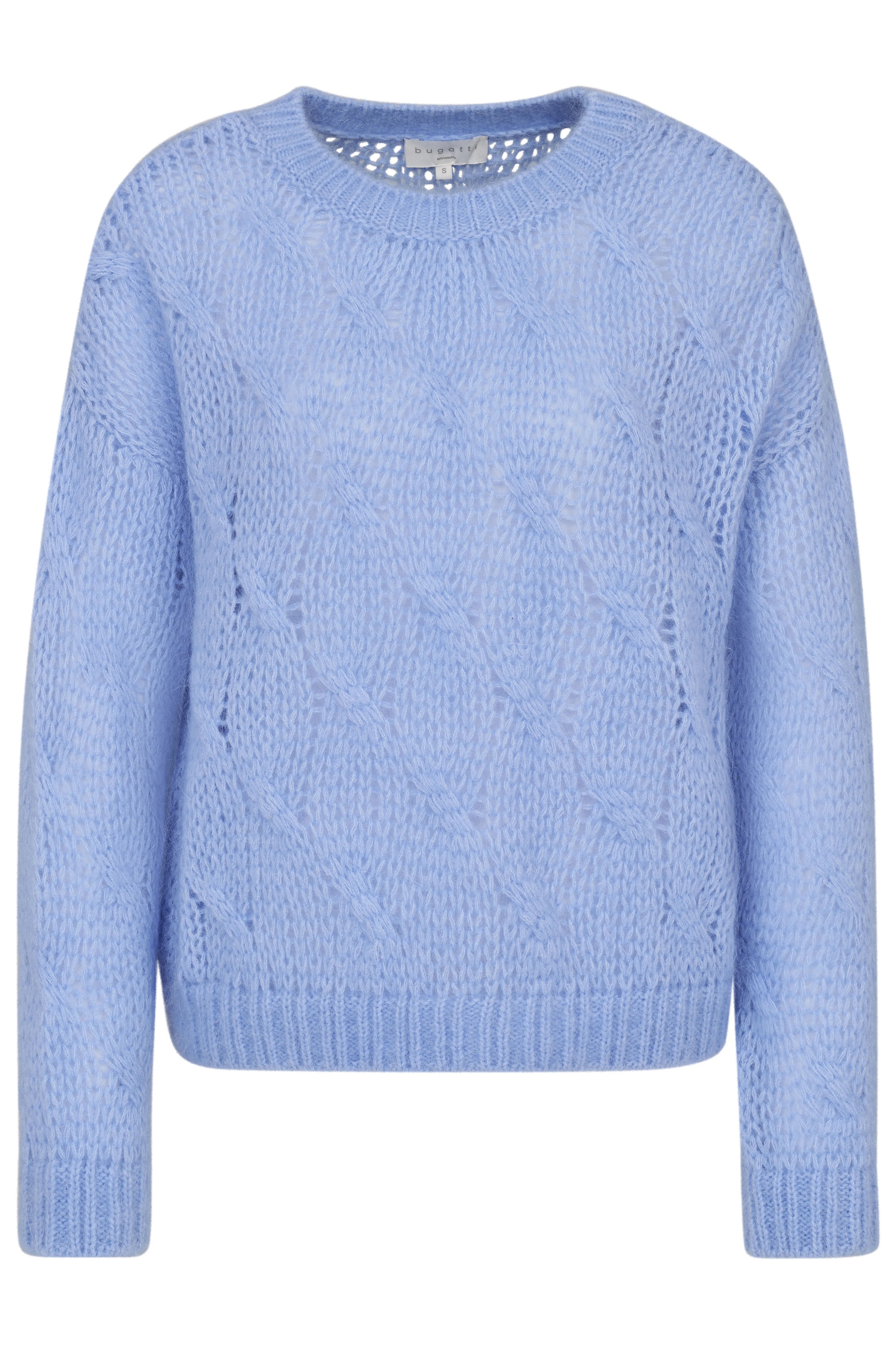 Blauer Strickpullover von bugatti, Bustendarstellung, Zopfmuster-Design.
