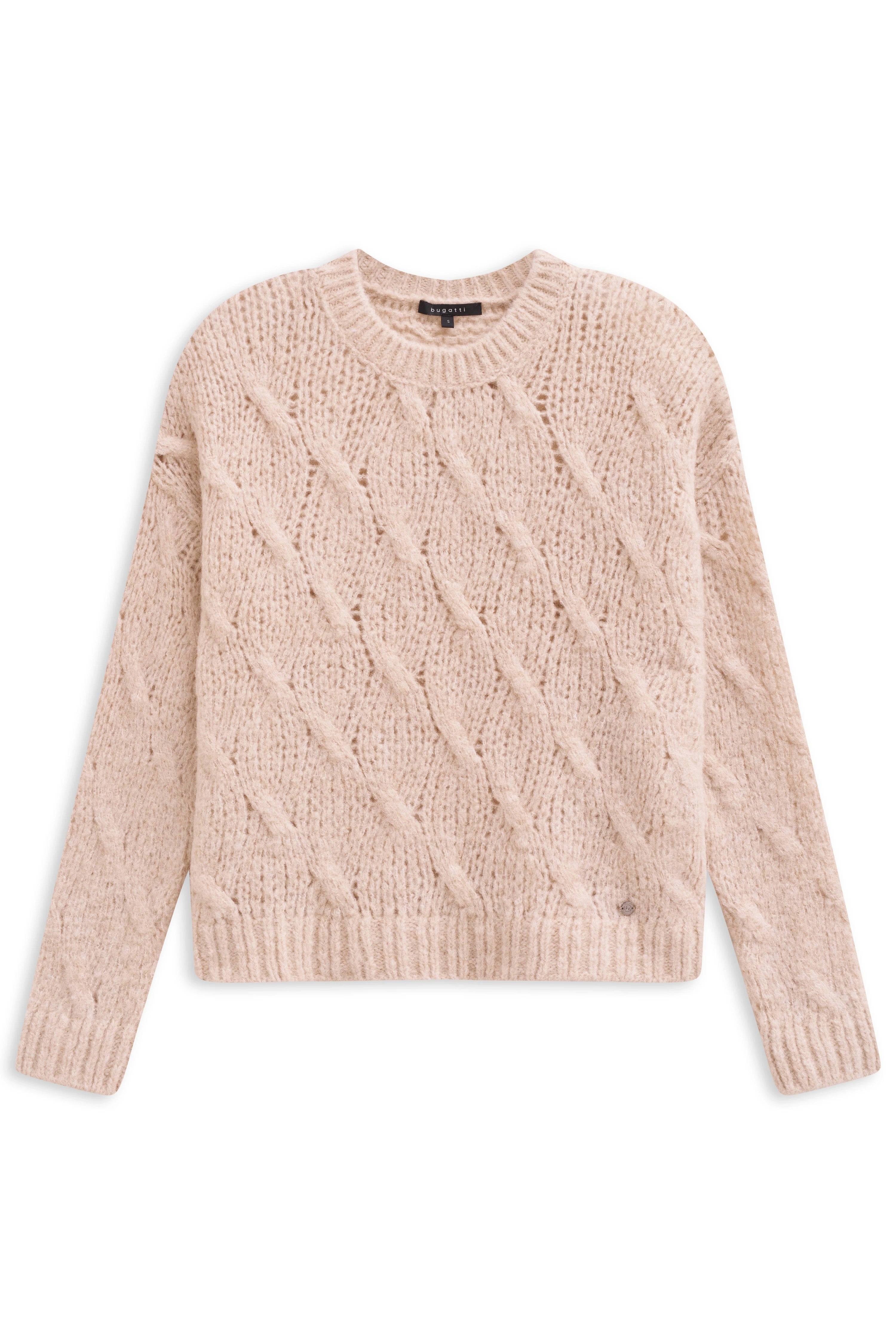 Beige bugatti cable knit sweater, casual bust shot.