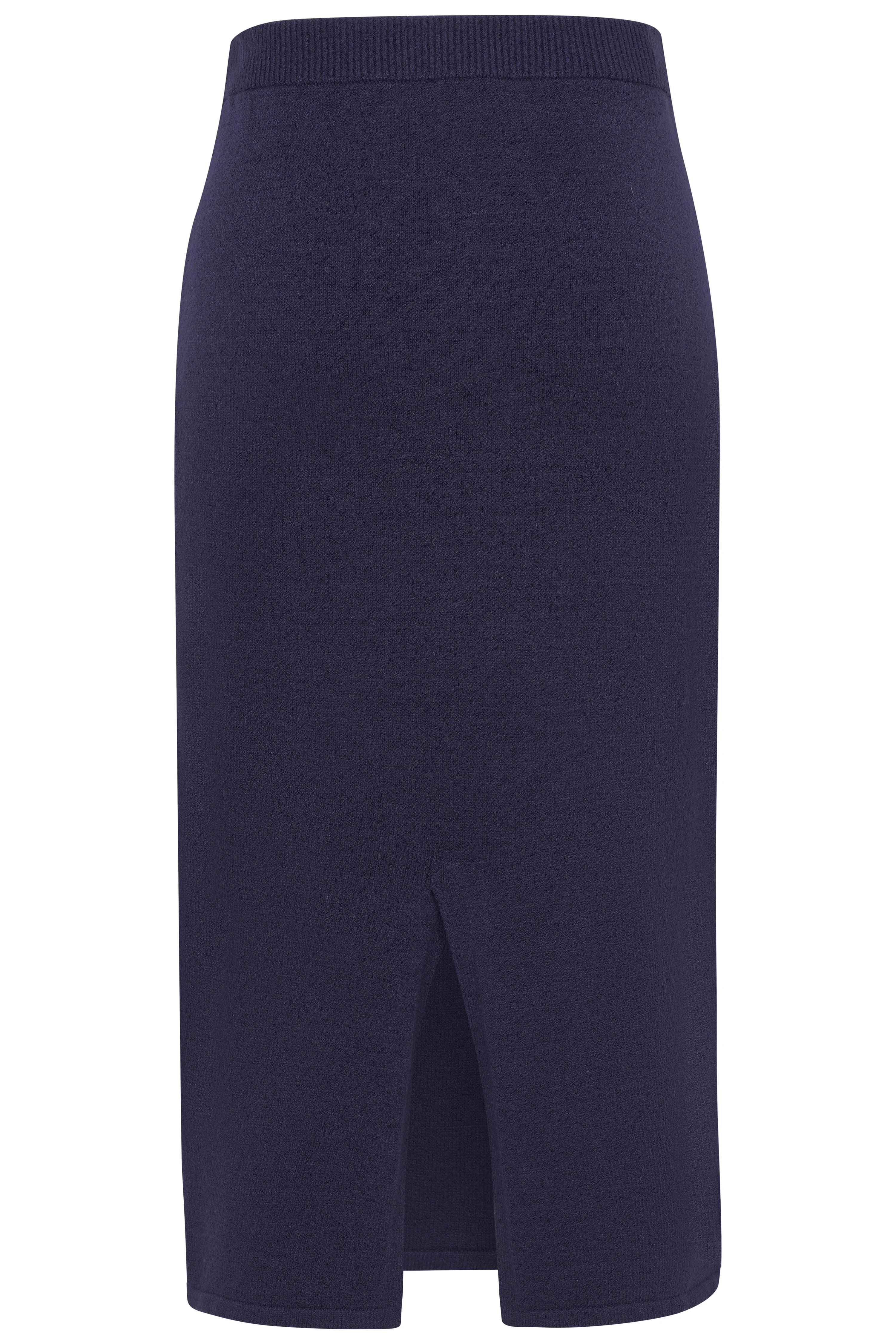 Dunkelblauer bugatti Rock, knielang, mit Schlitz hinten, Büstenbild, klassisches Design.