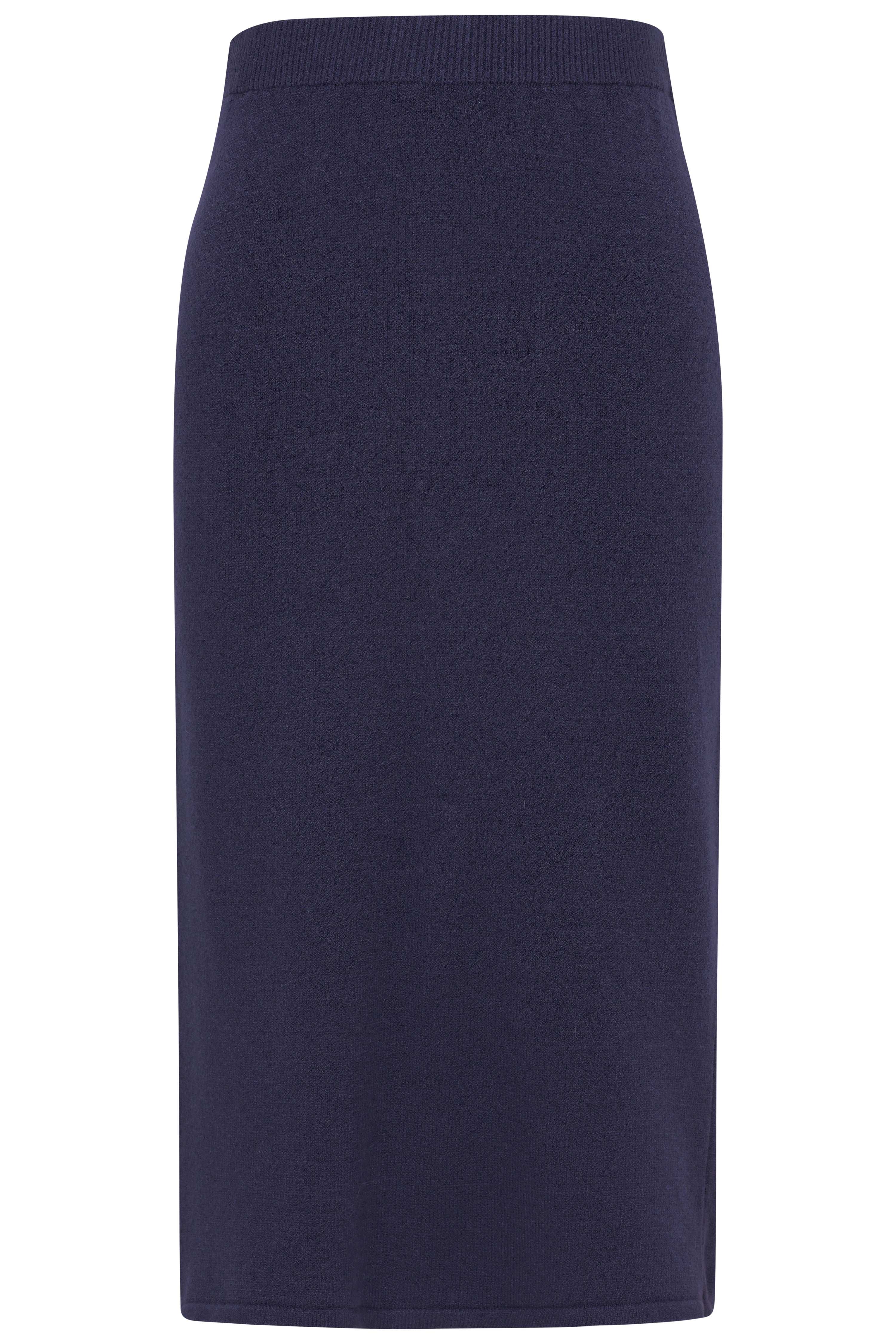 Langer, dunkelblauer bugatti Rock aus feinem Stoff, perfekt für elegante Outfits. Büstenbild.