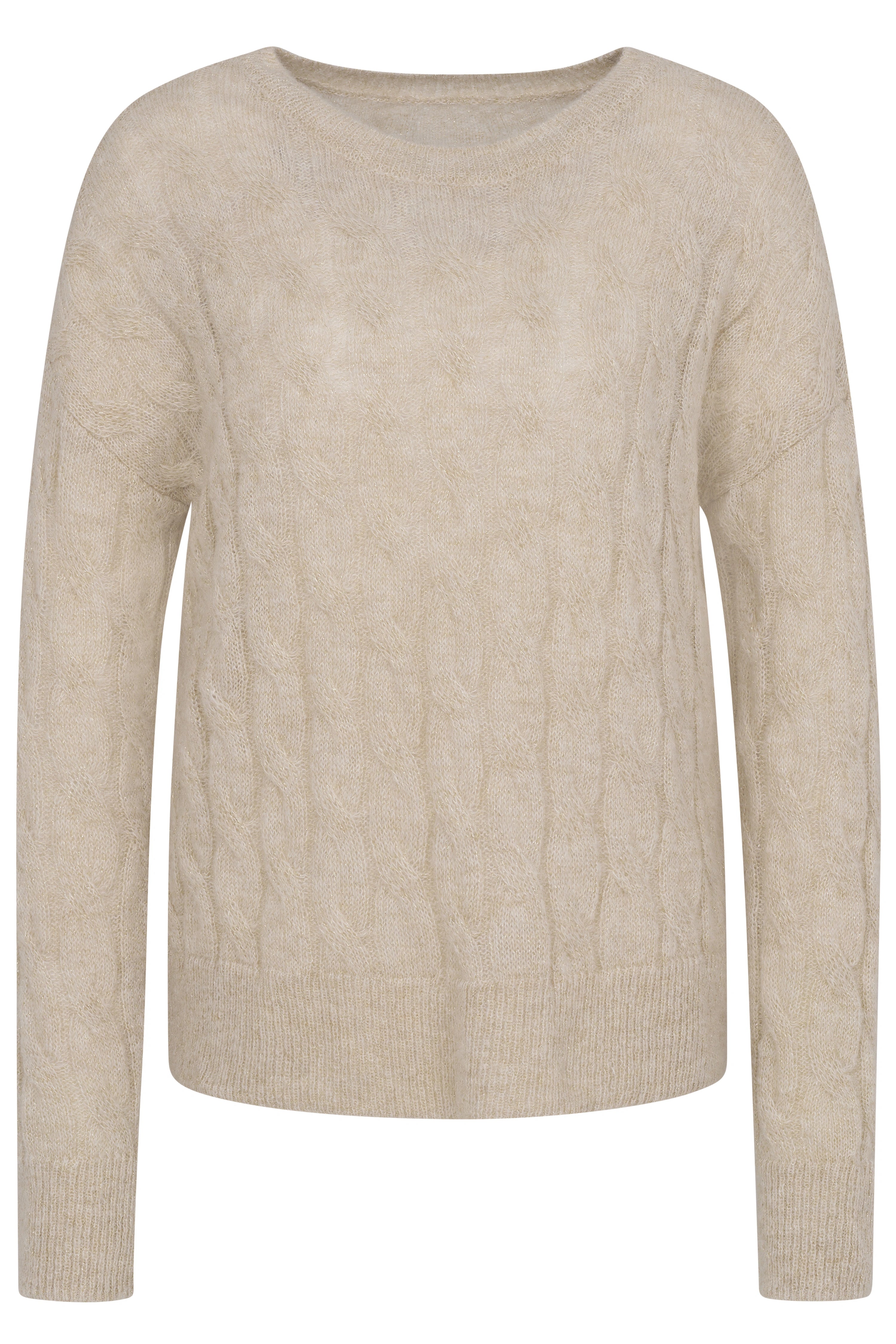 Beigefarbener Zopfstrickpullover auf Büste, elegantes Design, ideal für stilvolle, entspannte Looks.