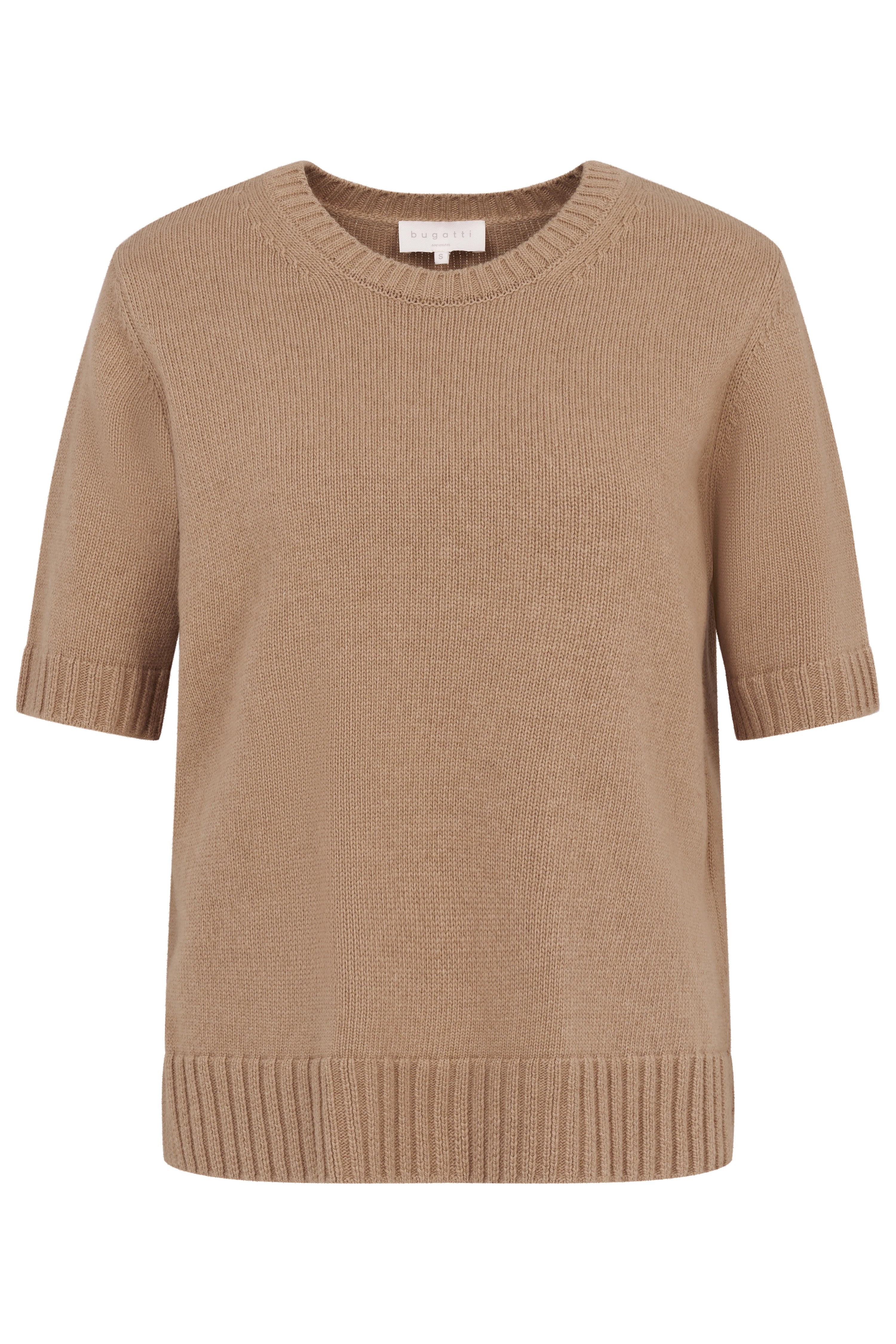 Beige bugatti knit shirt, short-sleeve, bust view, timeless design.