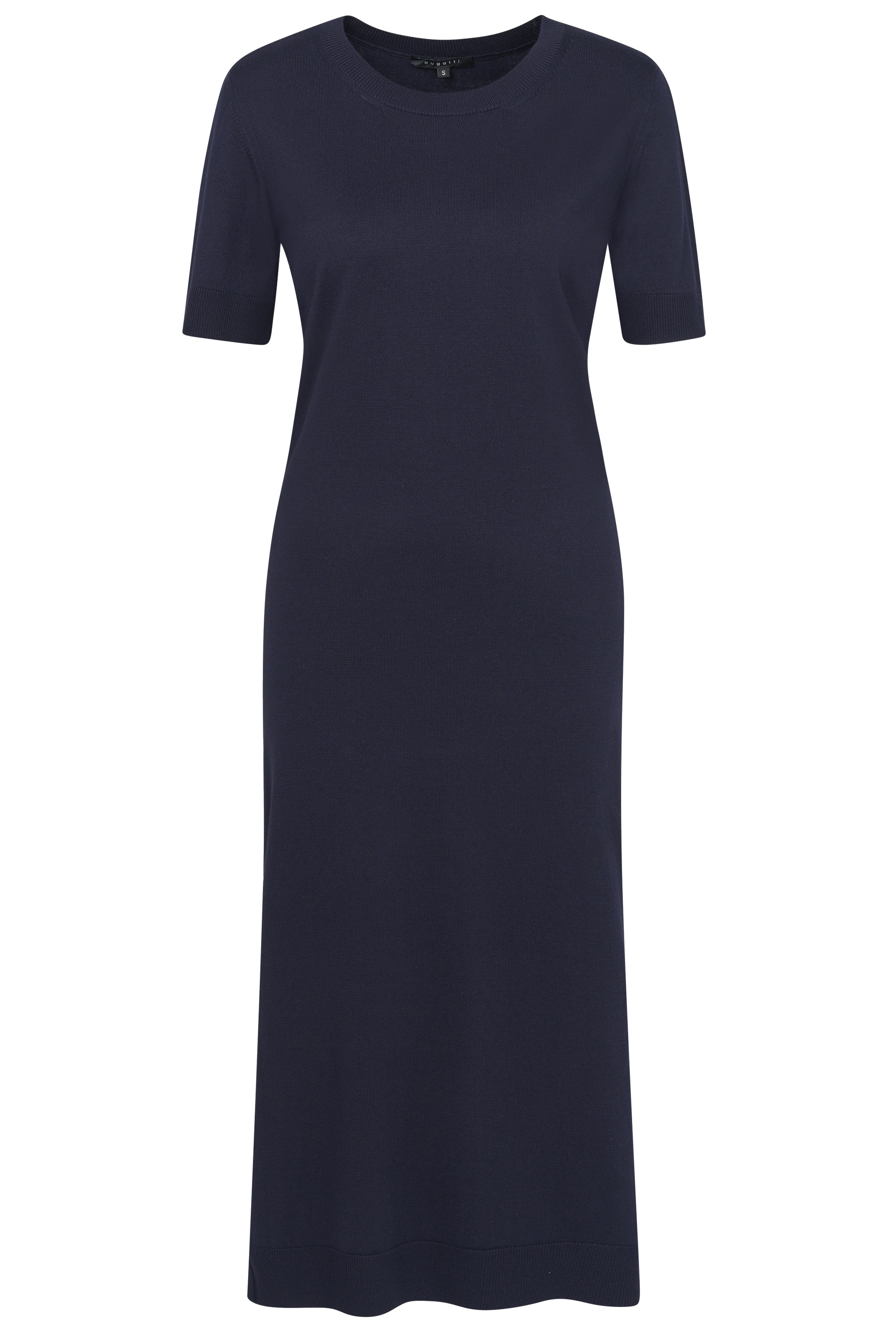 Marineblaues bugatti Kleid, knielang, kurzärmelig, minimalistisches Design, Büstenbild.