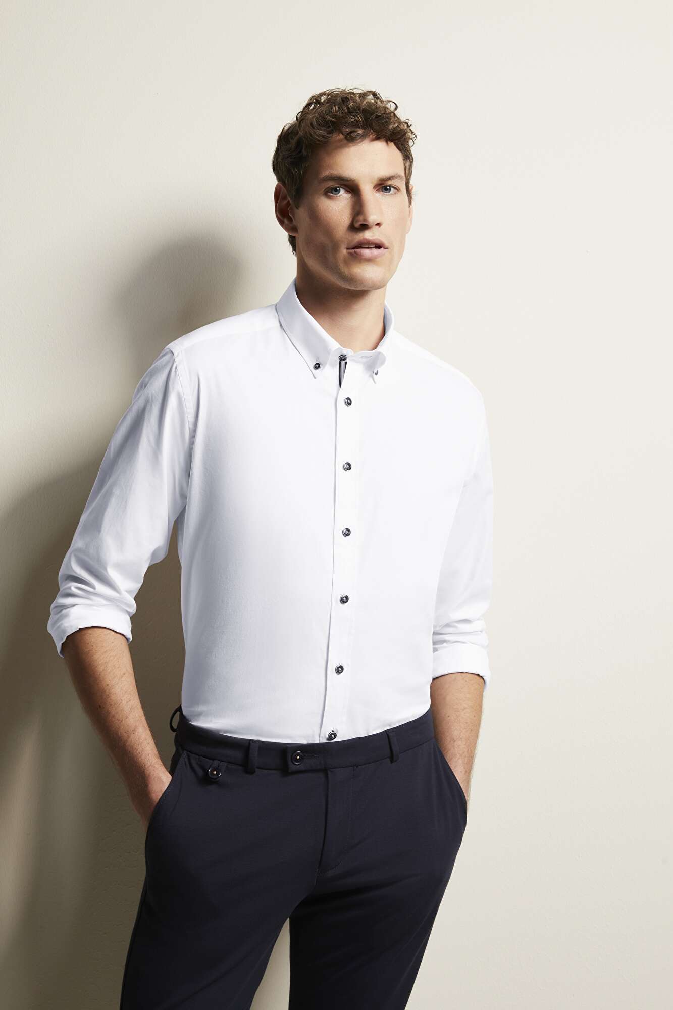 Cotton shirt with button-down collar in white - View: Model front