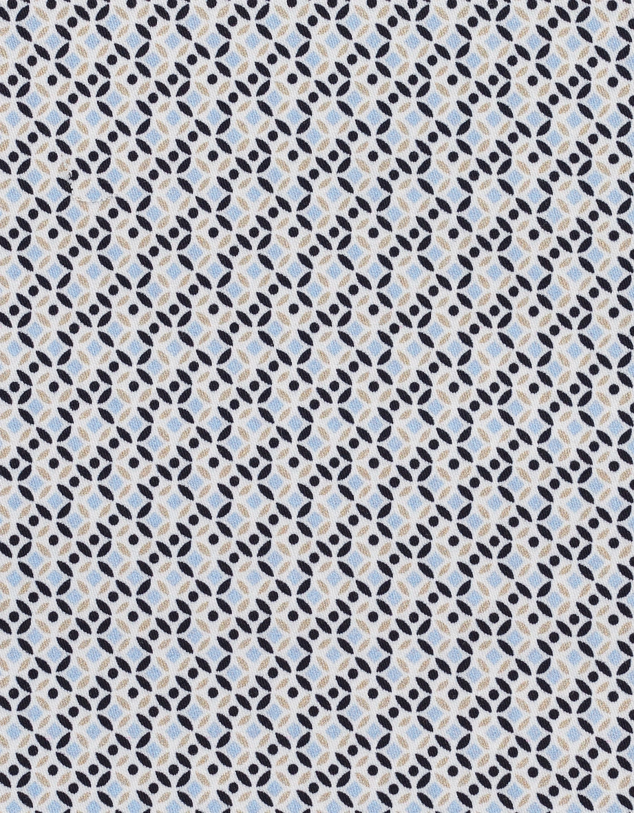 Geometrisches Muster in Blau, Beige und Schwarz, Detailansicht, ideal für stilvolle bugatti Outfits.