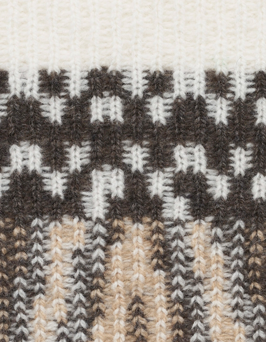 Strickmuster in Beige, Braun und Weiß, Detailaufnahme, bugatti Stil und Eleganz.