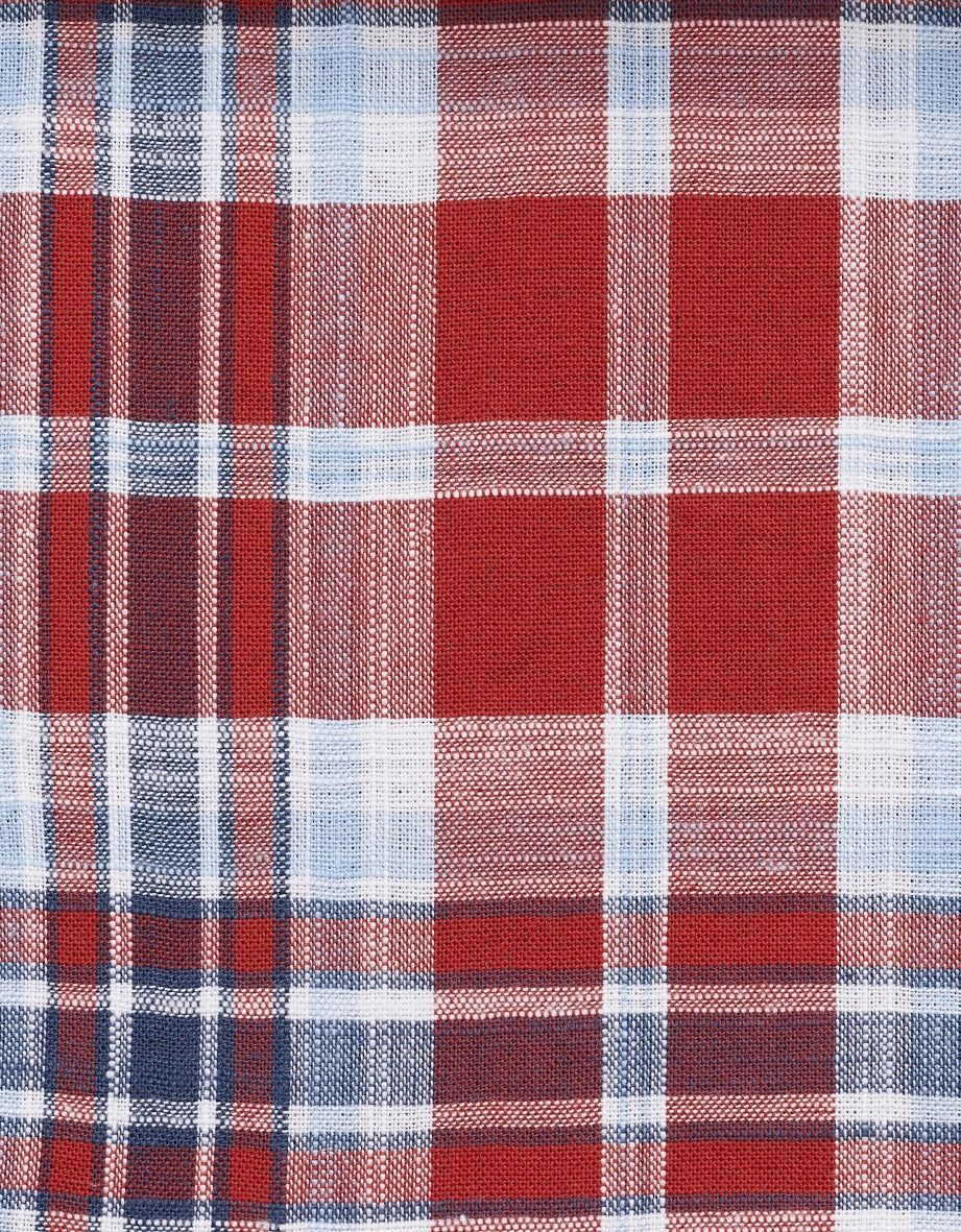 Geruit patroon in rood, blauw en wit op stof, perfect voor stijlvolle bugatti-overhemden.