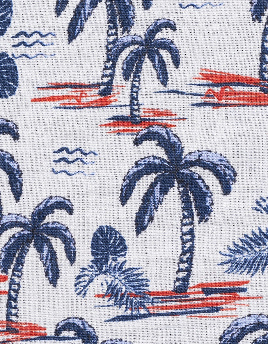bugatti overhemd, wit met blauw-rood palmmotief, busteweergave, stijlvol en van hoge kwaliteit.