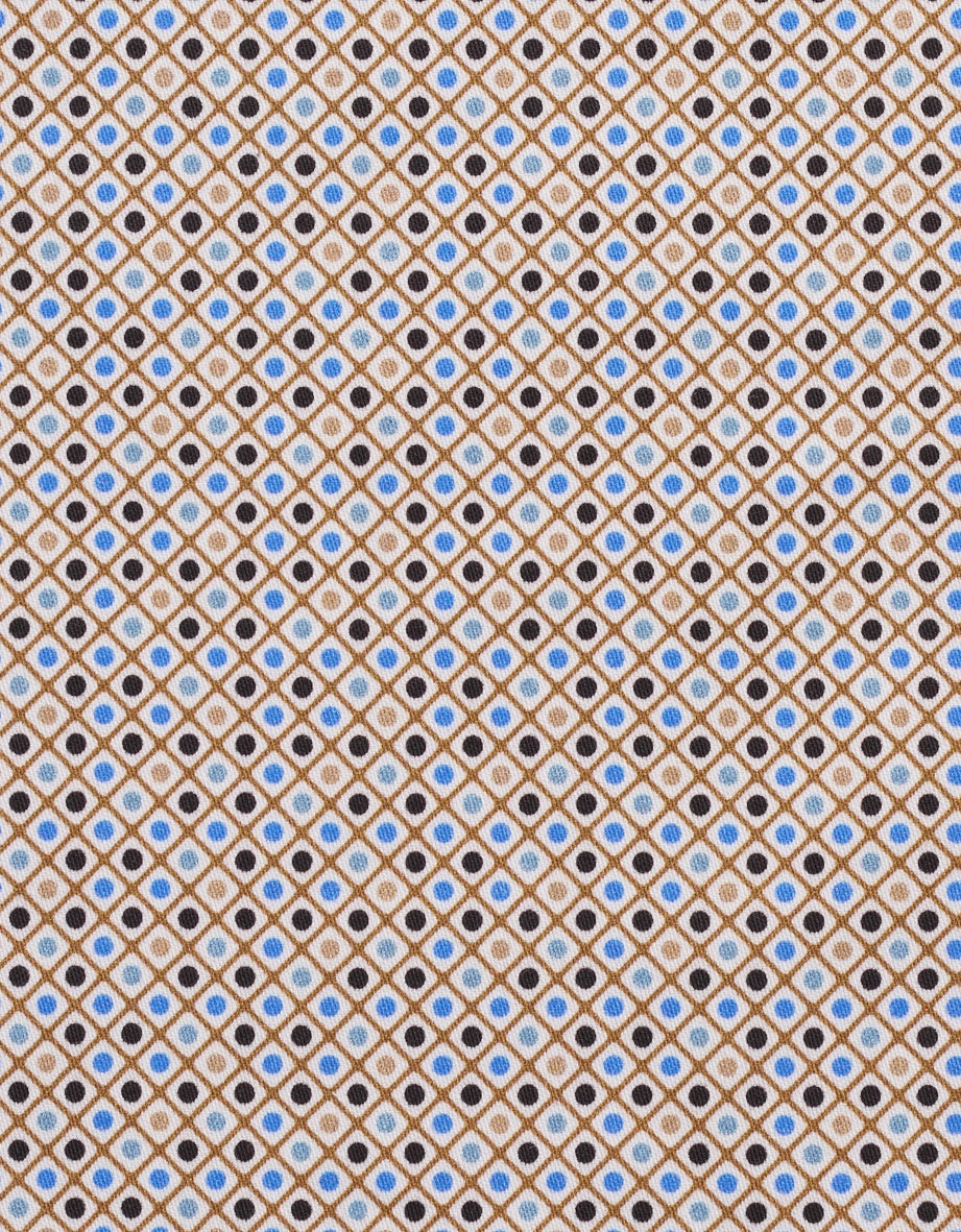 Geometrisches Muster in Braun, Blau und Schwarz auf weißem Hintergrund, Detailansicht Stoffdesign.