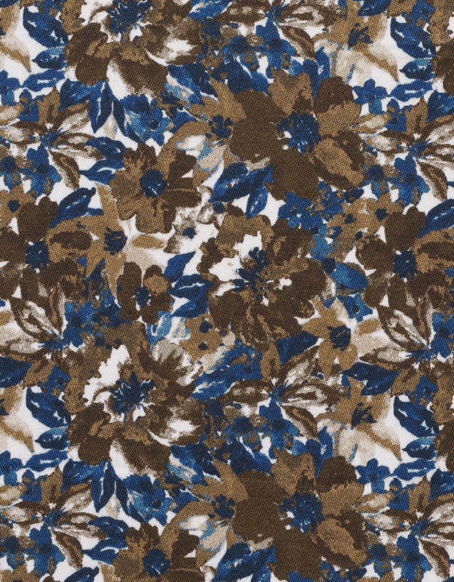 Blau-braunes florales Muster auf Stoff, ideal für bugatti Outfits mit Stil und Raffinesse.