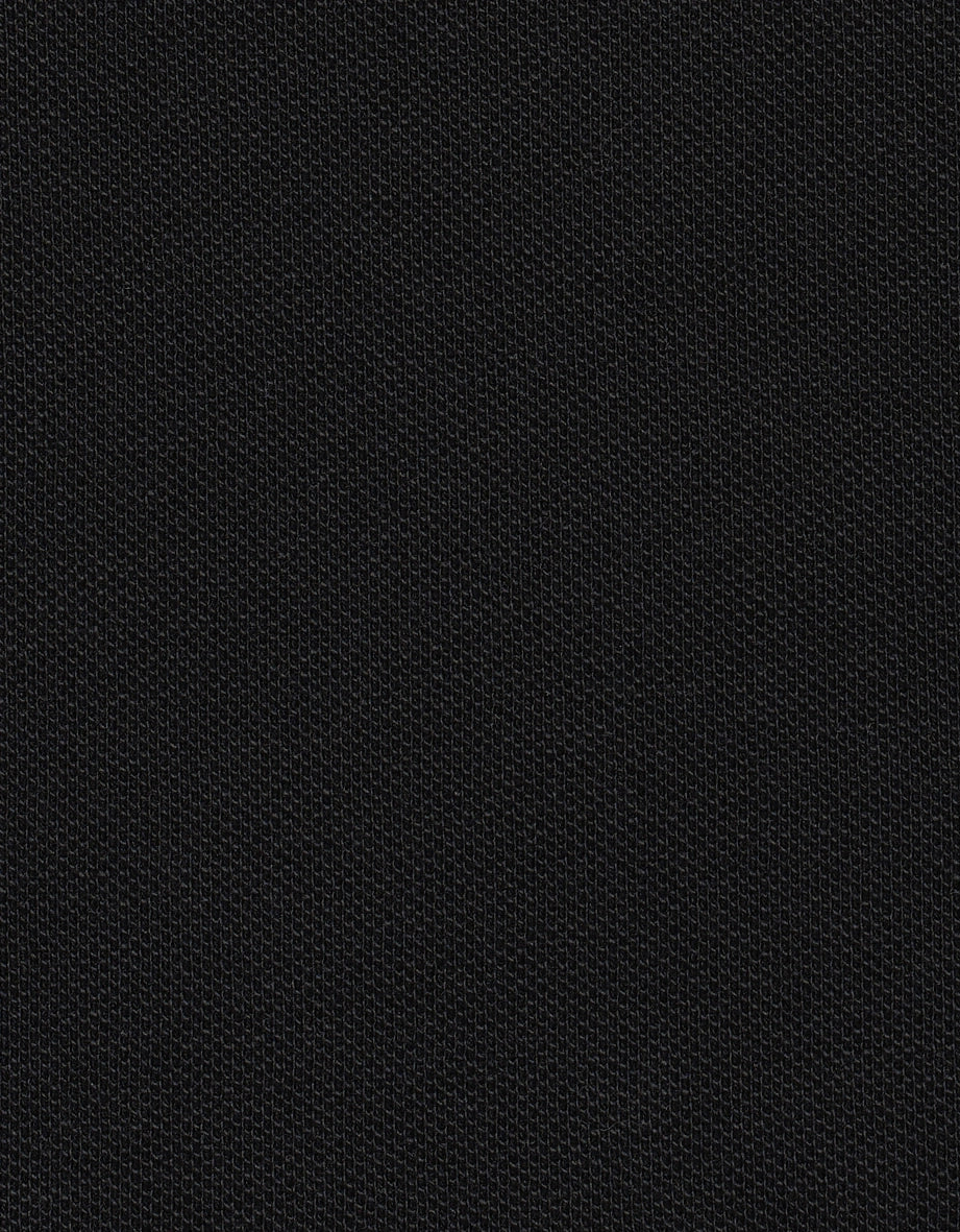 Black bugatti polo shirt with white collar stripes, bust view.