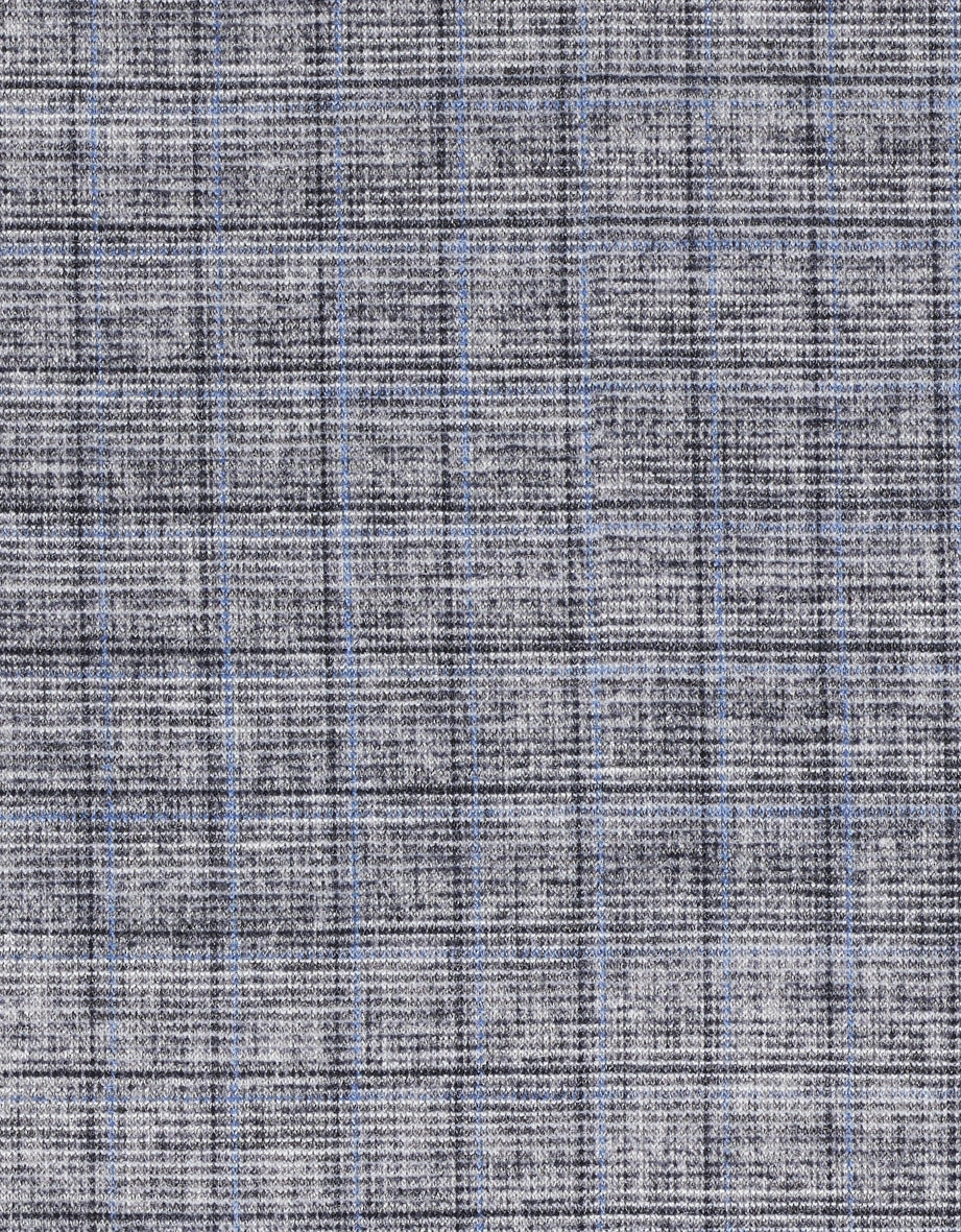 Grijs geruit patroon met blauwe accenten, stofdetail.