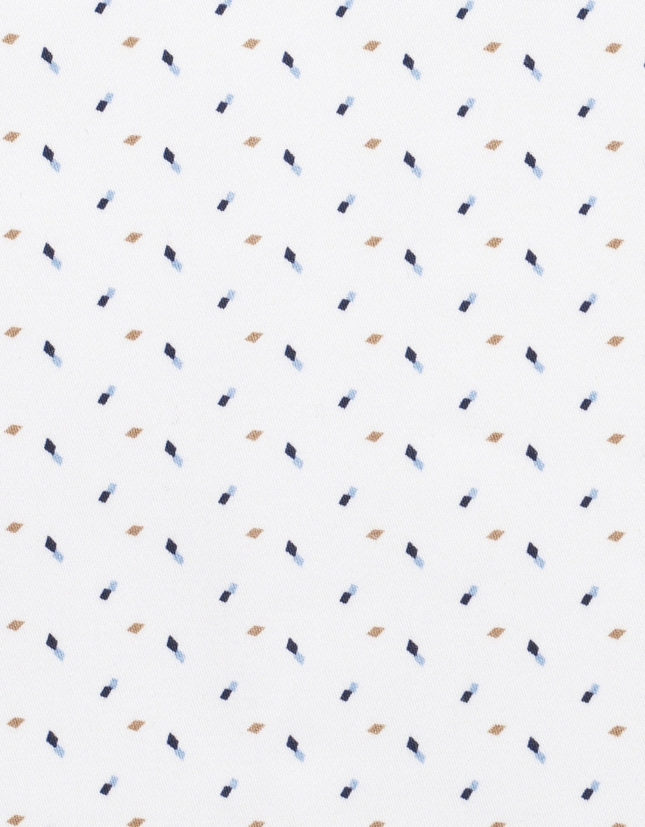 Witte stof met blauw-bruin patroon, gedetailleerd en stijlvol