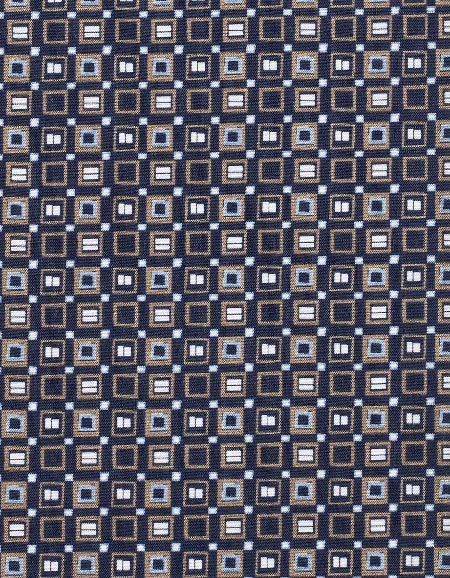 Blauw, bruin en wit vierkant patroon op stof, geometrisch ontwerp.