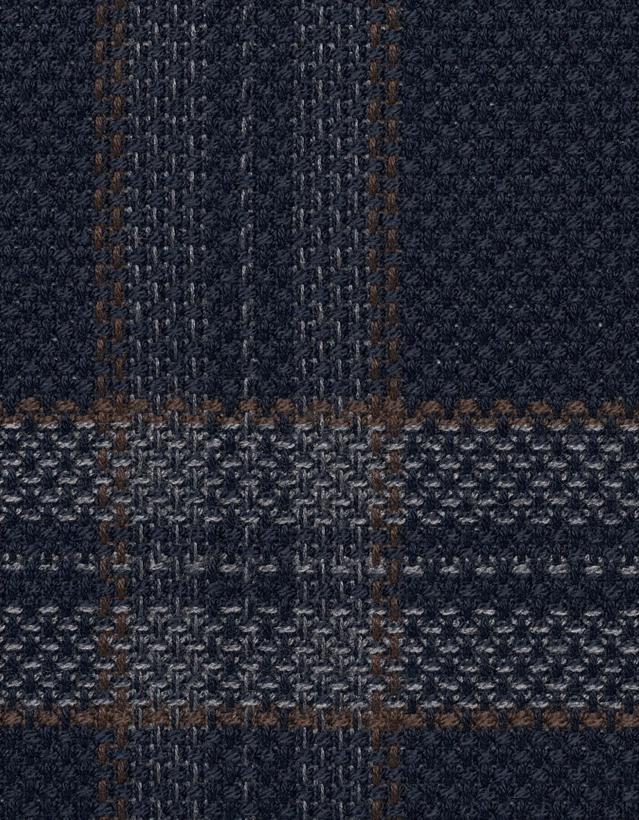 Checkered fabric in dark blue and gray with brown accents by bugatti, detail view.