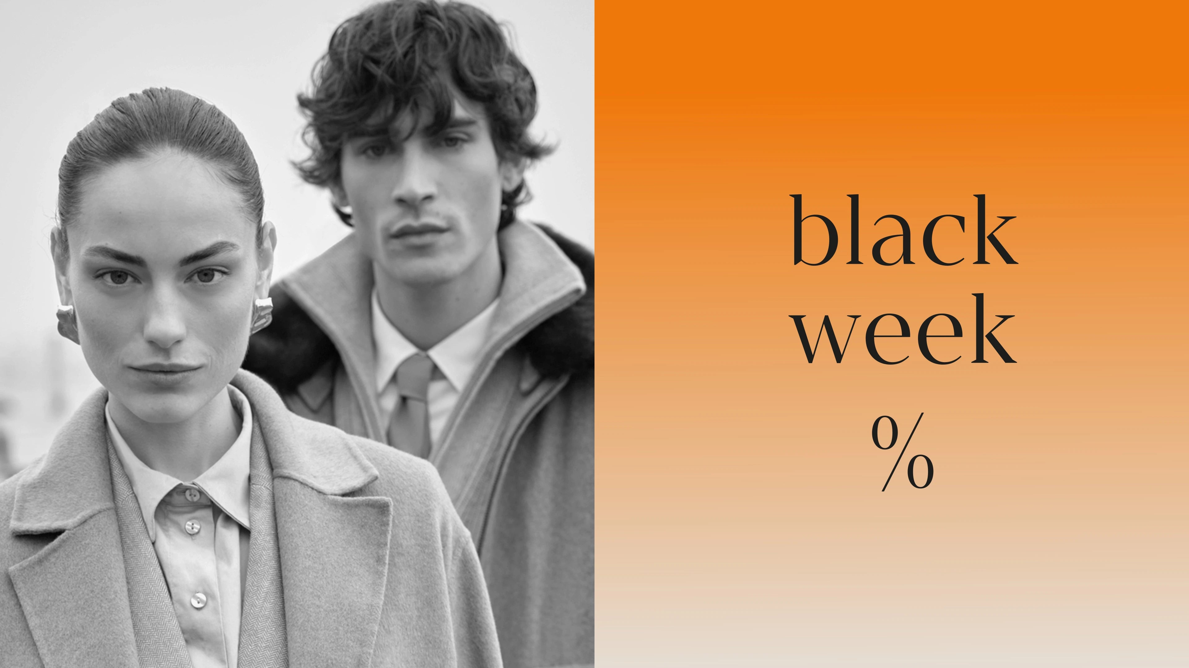 Black and white portrait of man and woman in elegant outerwear next to orange panel with black week percentage text