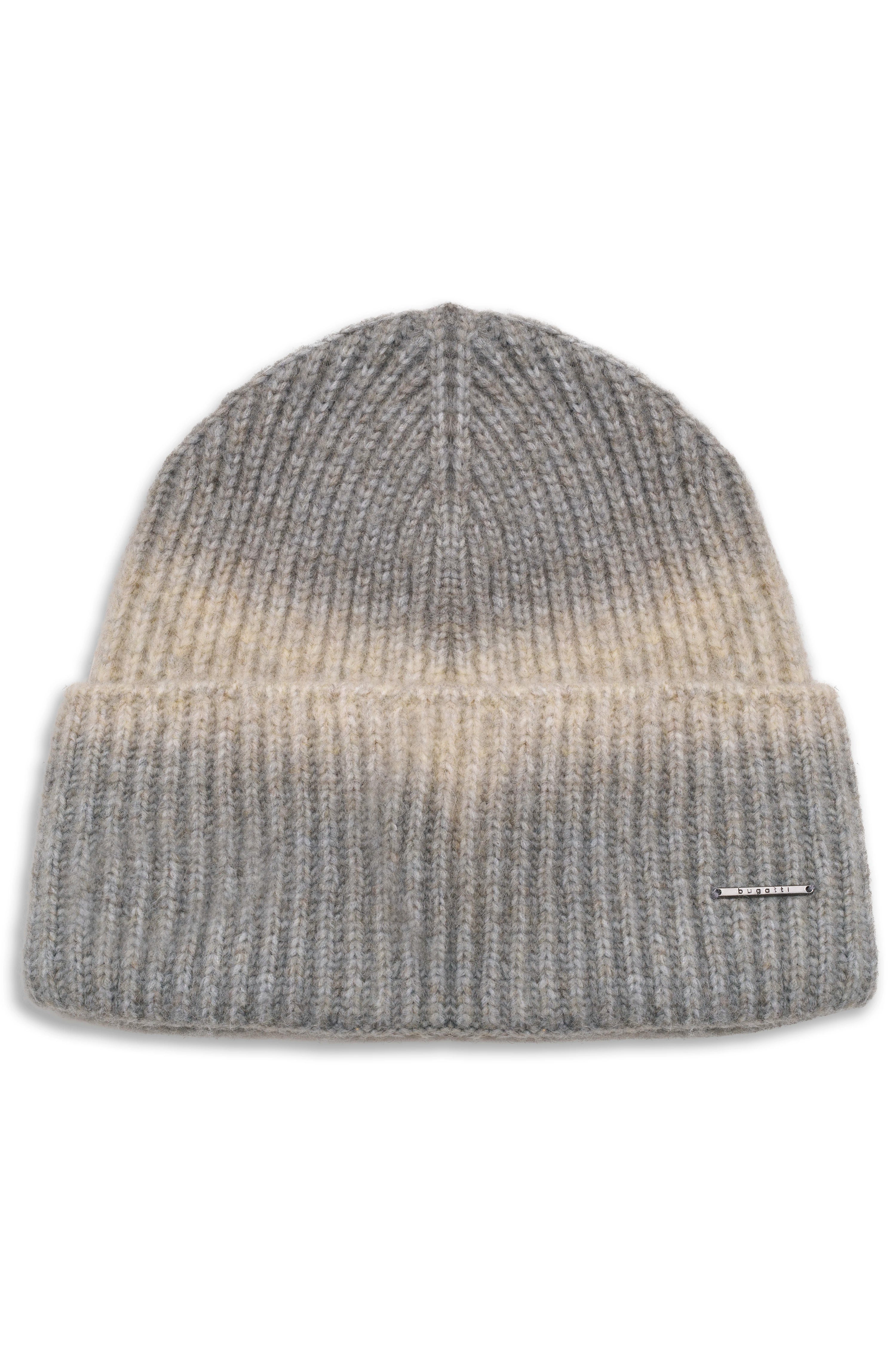 Graue bugatti Strickmütze, meliert, Büstenbild. Hochwertiger Materialmix, zeitloses Design.