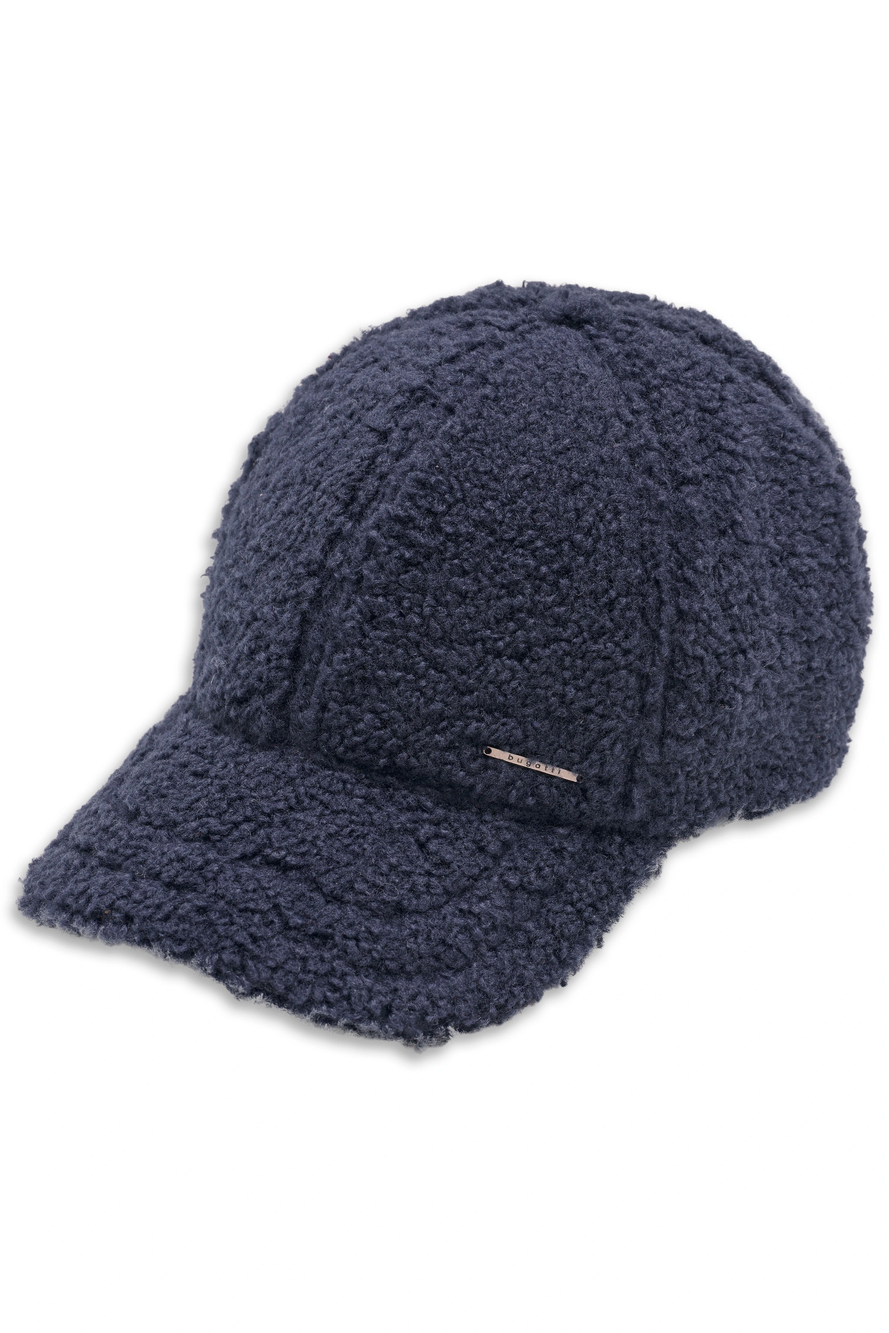 Navy blaue bugatti Kappe aus weichem, strukturiertem Material, Büstenbild.