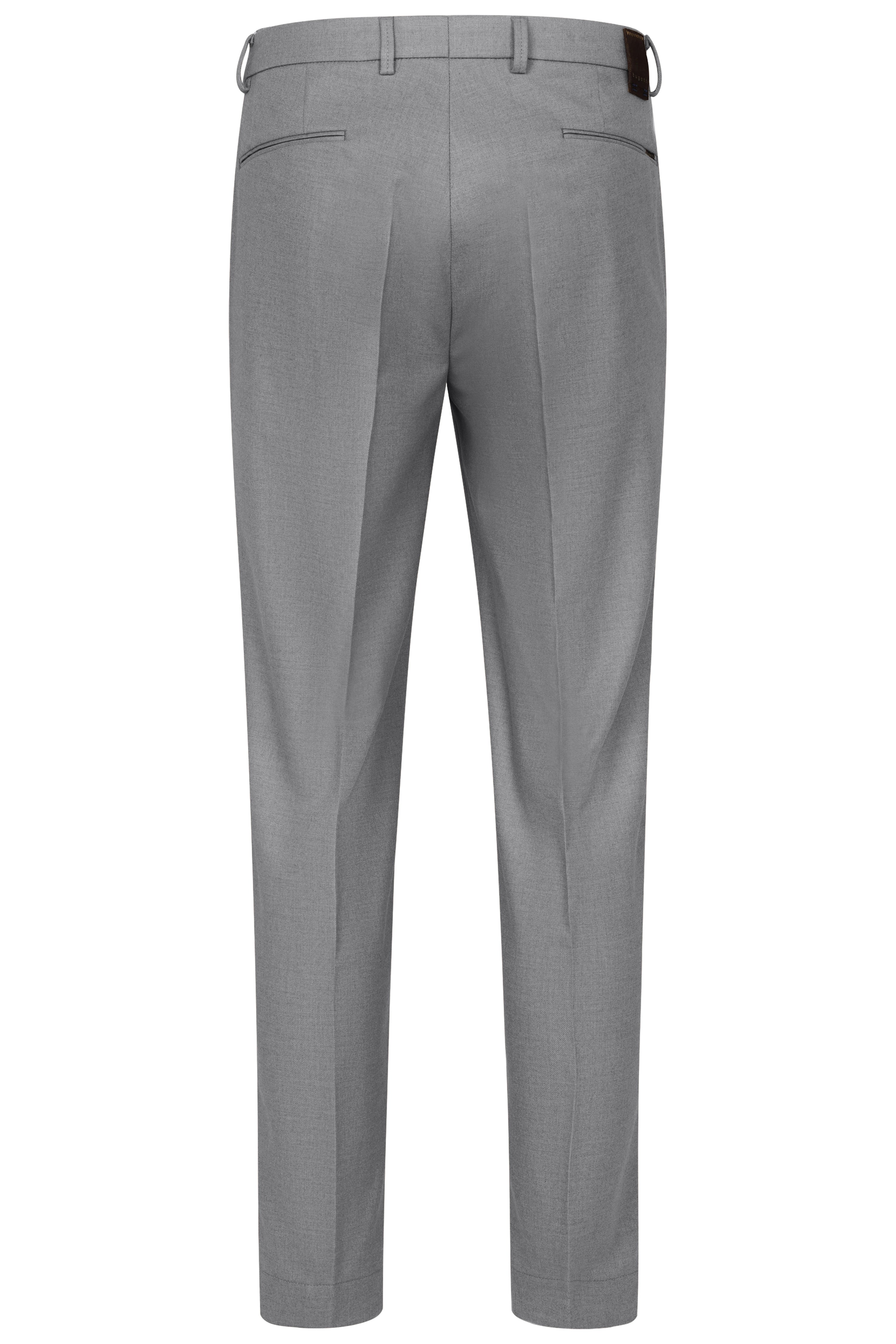 Grey bugatti suit trousers, classic back view, high-quality craftsmanship, timeless elegance.