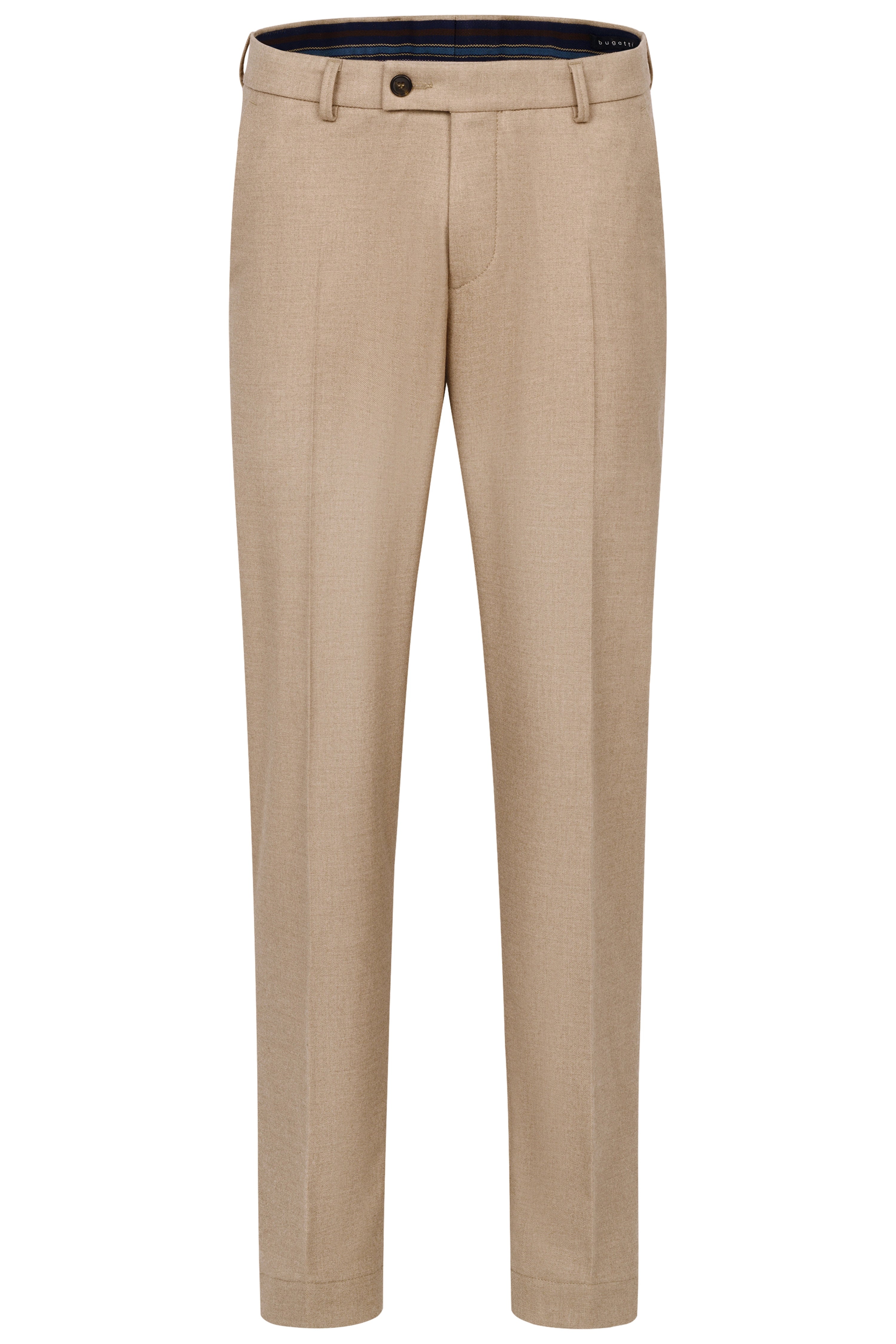 Beige bugatti trousers, bust view, classic design, premium details.