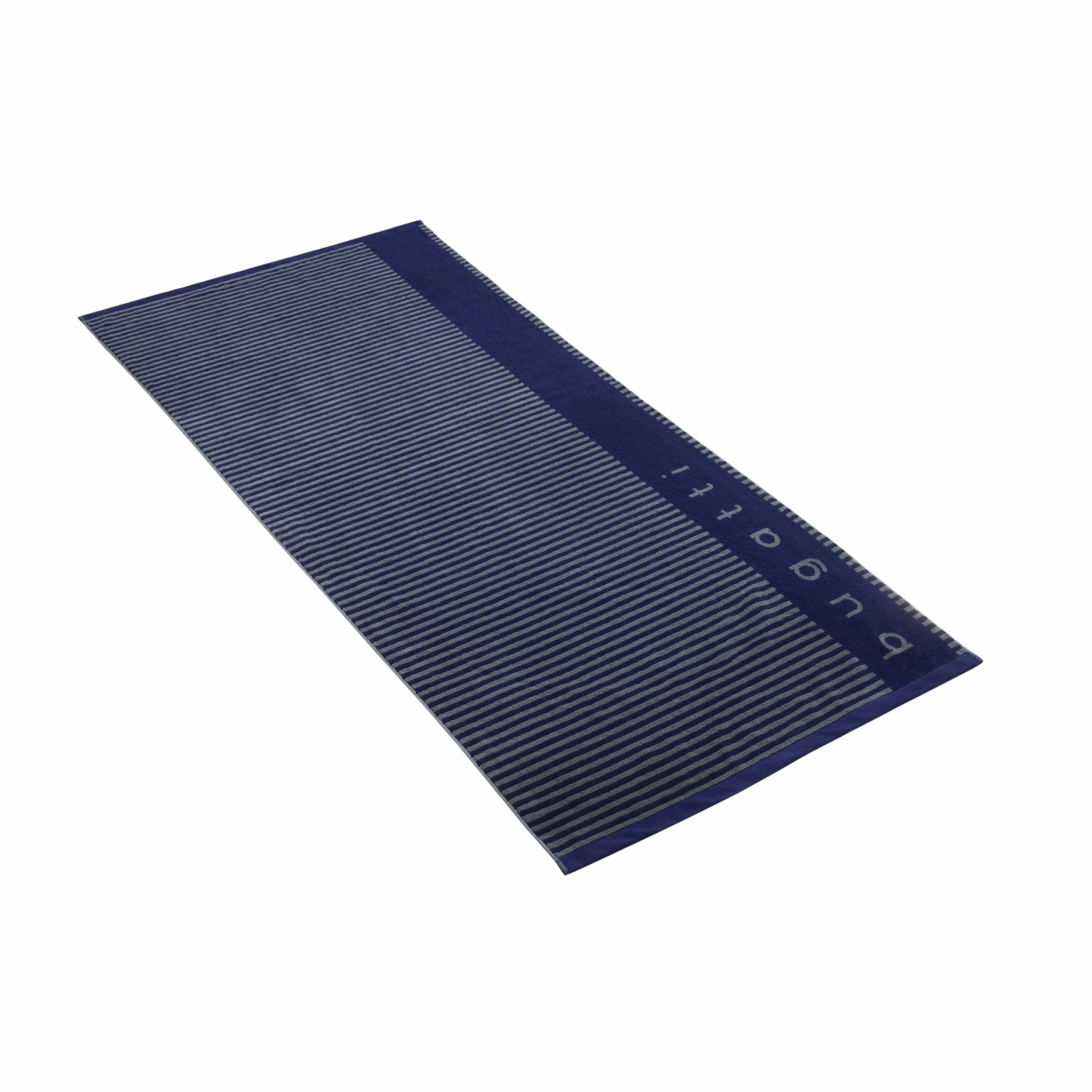Blau-weiß gestreifter Schal von bugatti, flach liegend, elegantes Design.