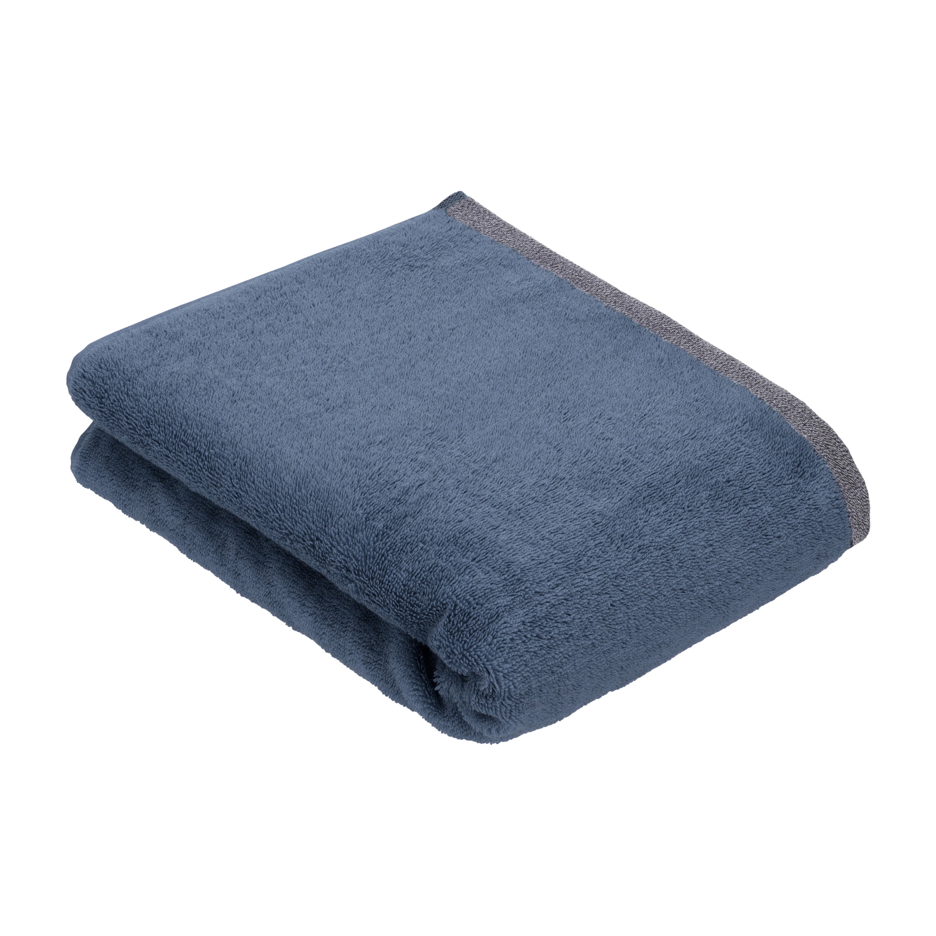 Blaues Handtuch von bugatti, aus weichem Material, gefaltet, mit grauer Bordüre.