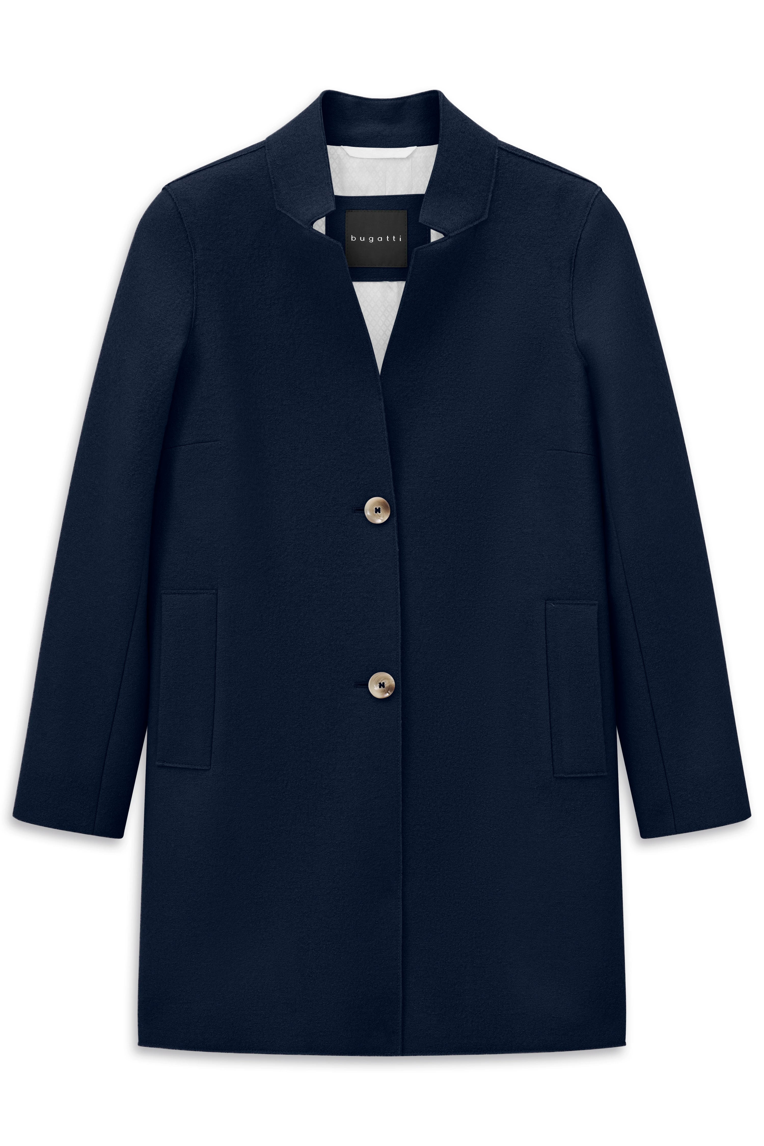 Dunkelblauer bugatti Mantel mit Knopfleiste, elegantes Büstenbild, zeitloser Stil.