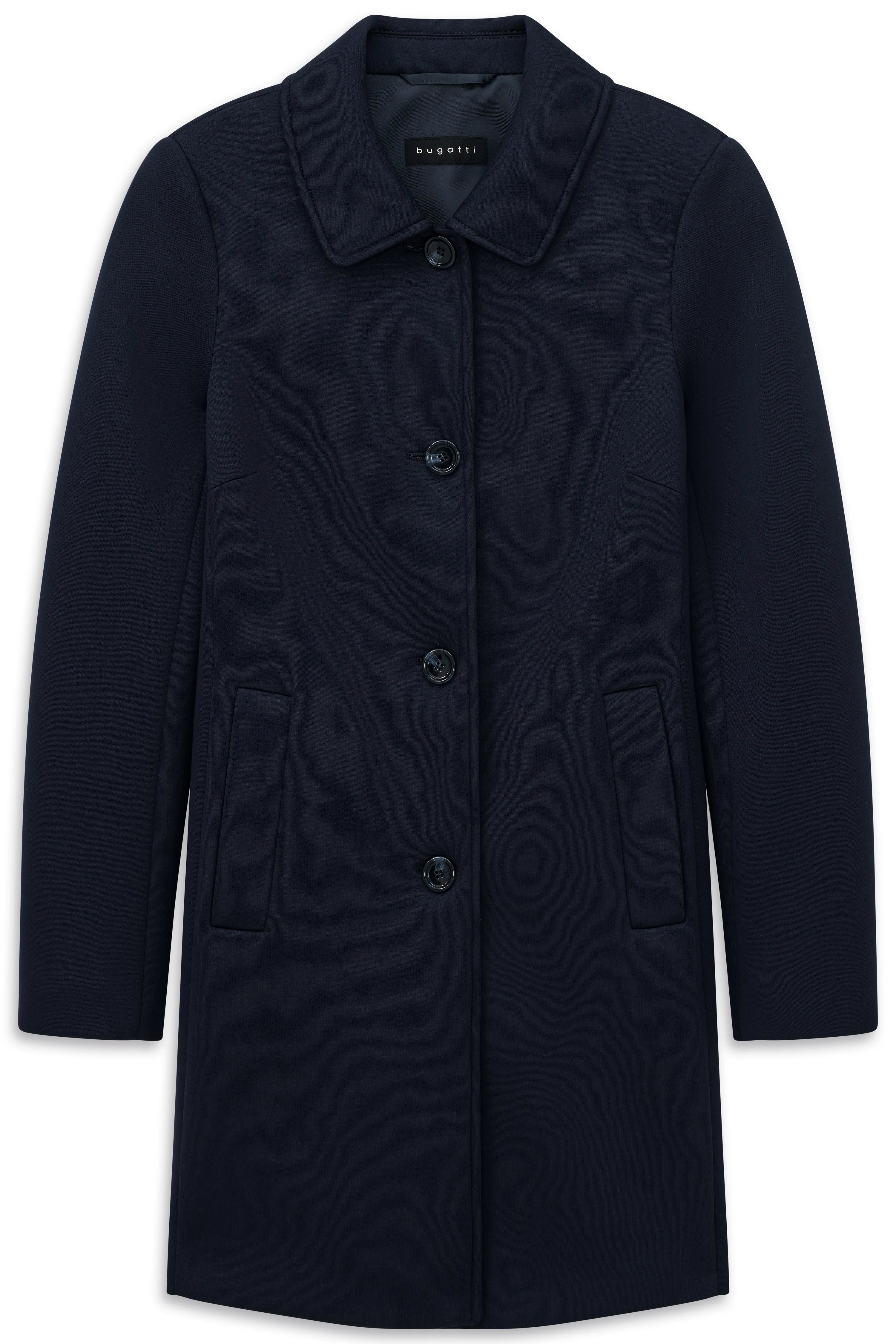 Dunkelblauer bugatti Mantel mit Knöpfen, klassisches Design, Büstenbild.