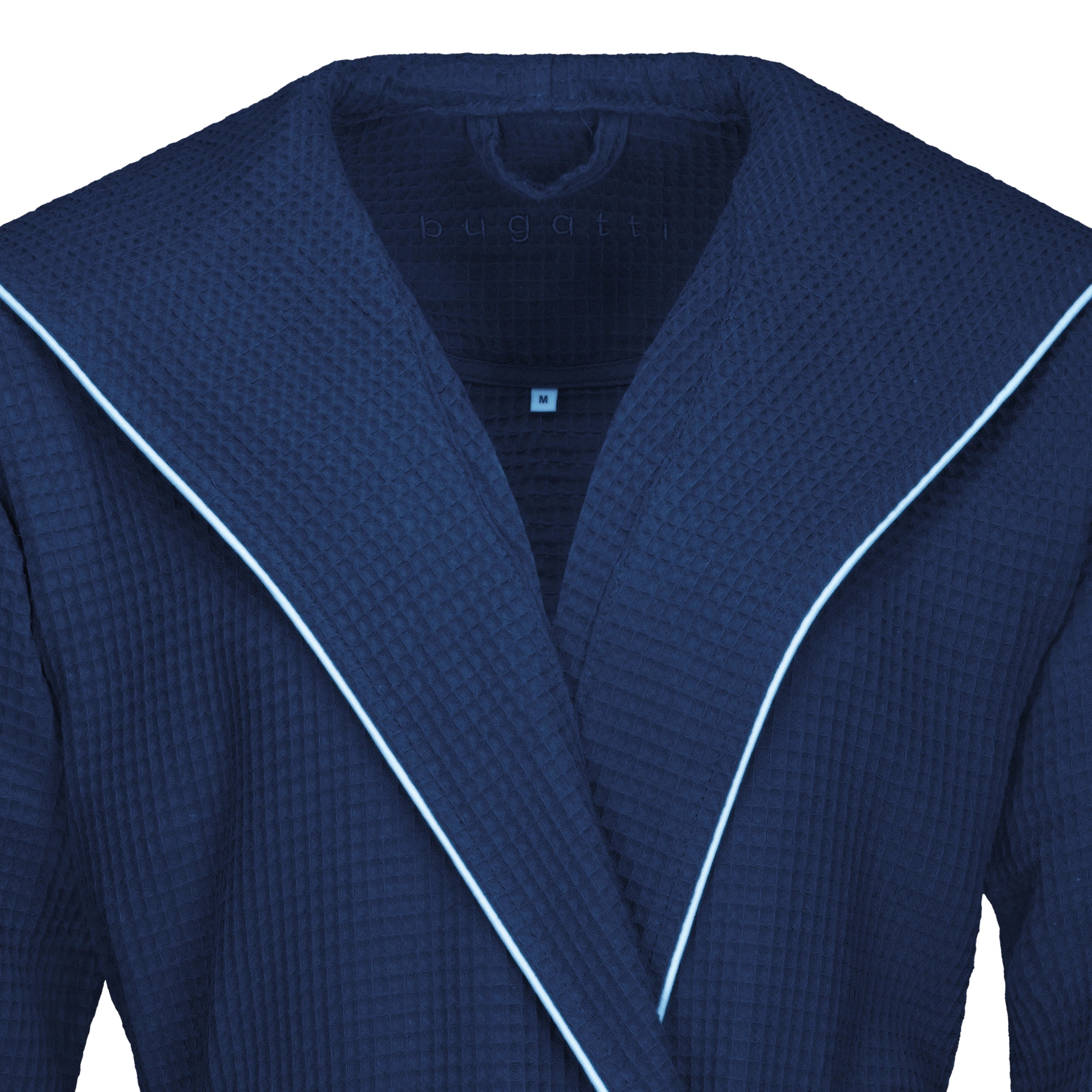 Bugatti Bademantel, navyblau mit weißer Paspelierung, Büstenbild, waffelstrukturierter Stoff.