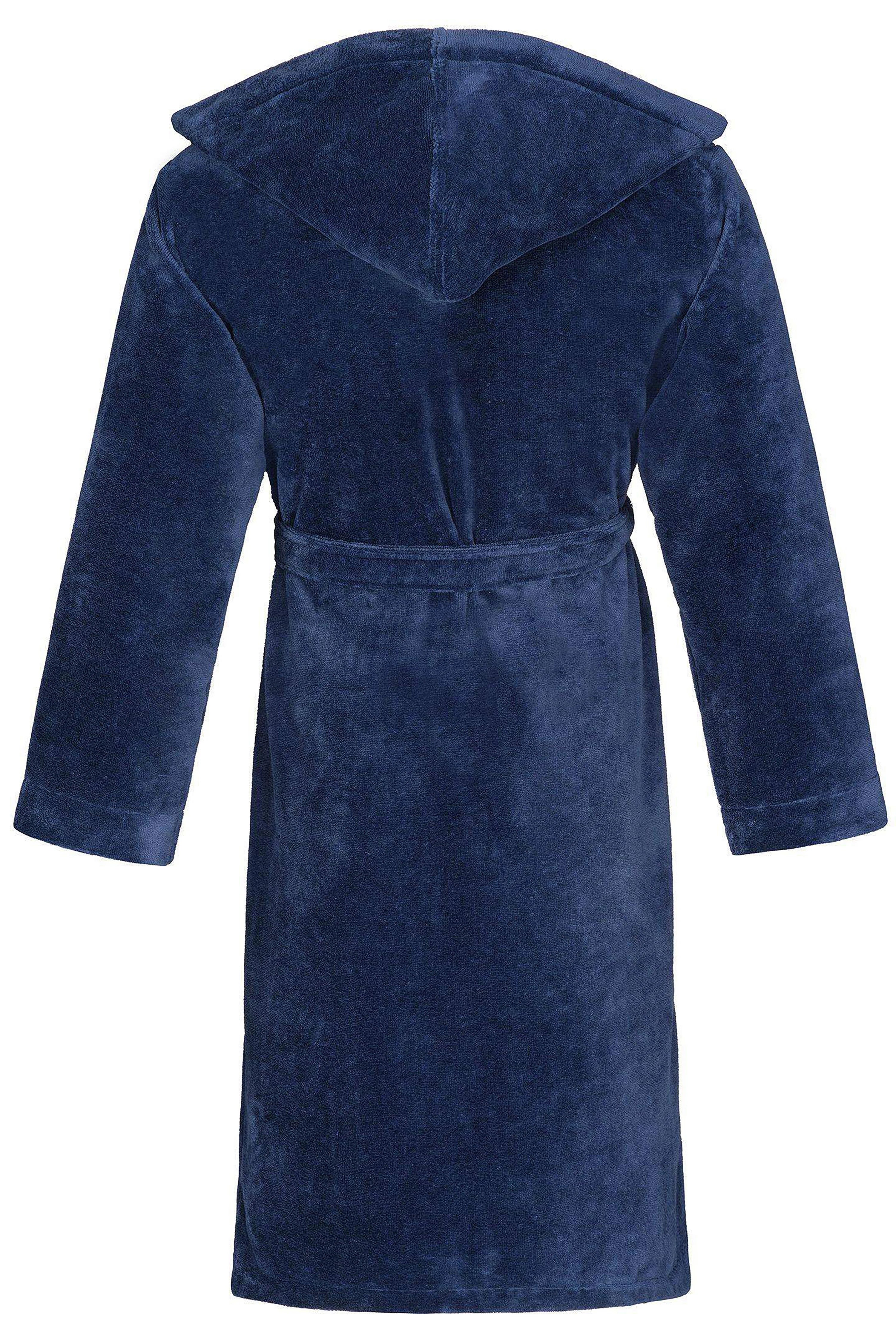 Dark blue bugatti bathrobe, soft and luxurious, back view bust.