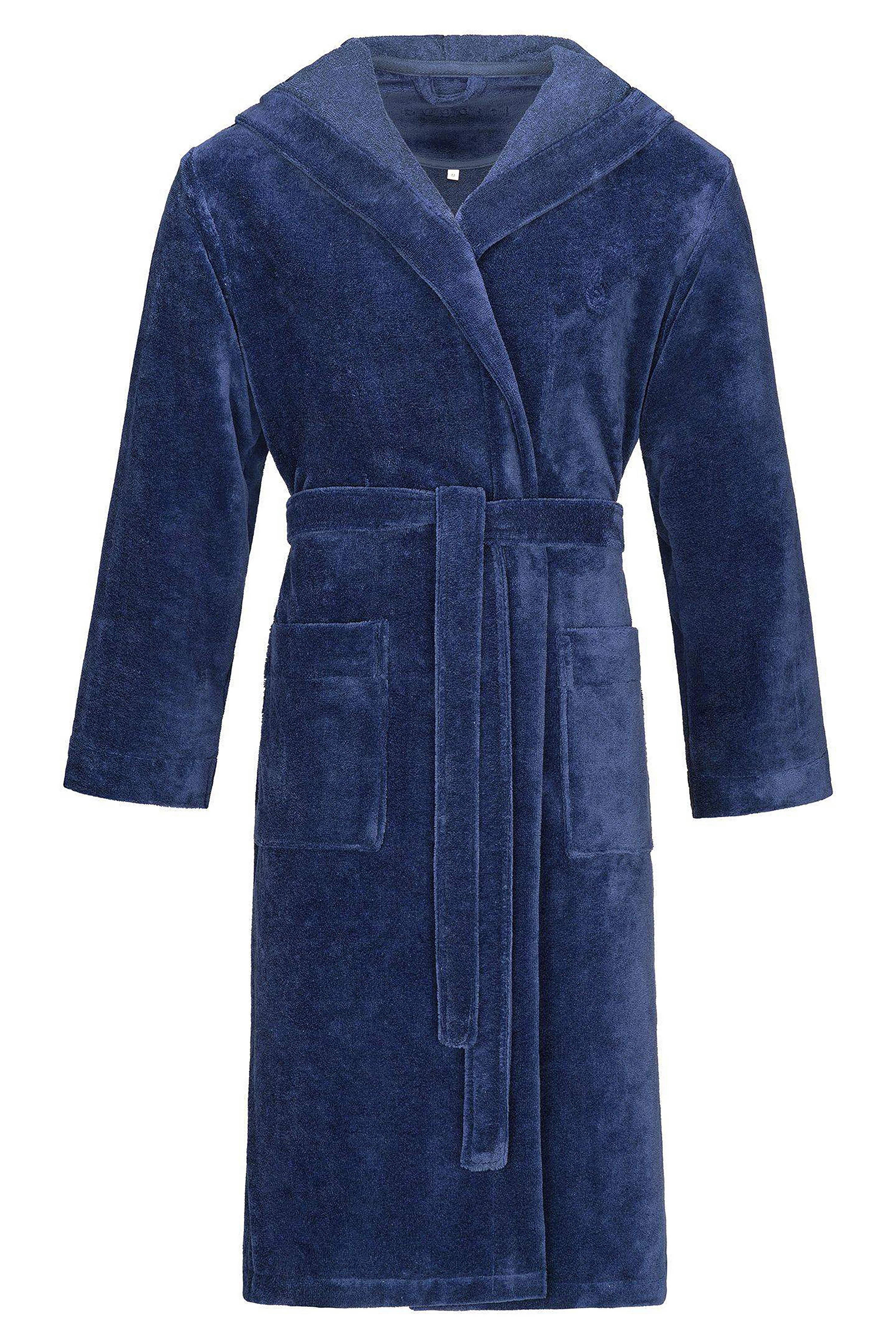 Blauer Bademantel aus Frottee von bugatti, Büstenbild, mit Kapuze und Bindegürtel.