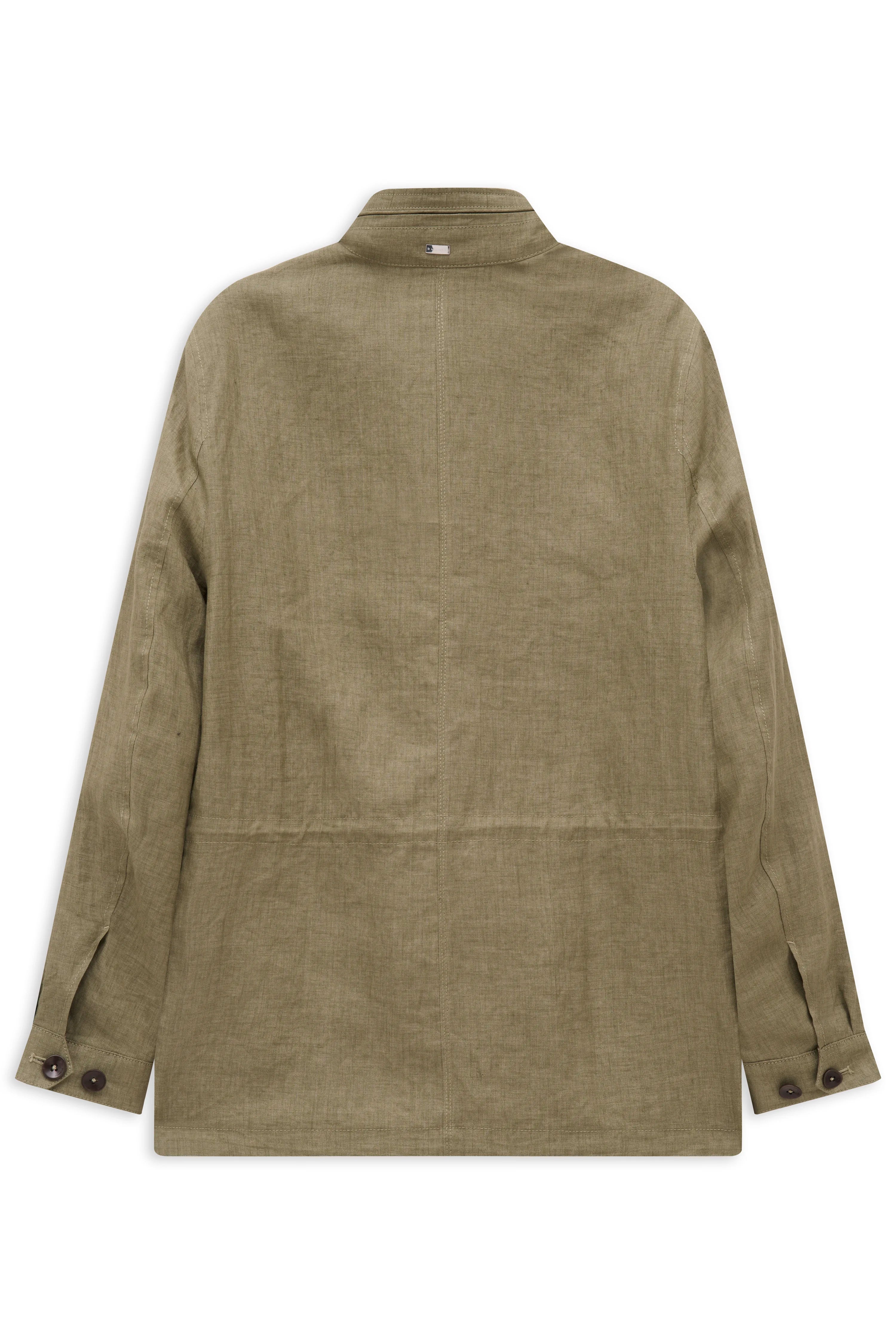 Olivgrüne bugatti Jacke aus Leinen, Büstenbild, mit Stehkragen und aufgesetzten Taschen, Knopfleiste.