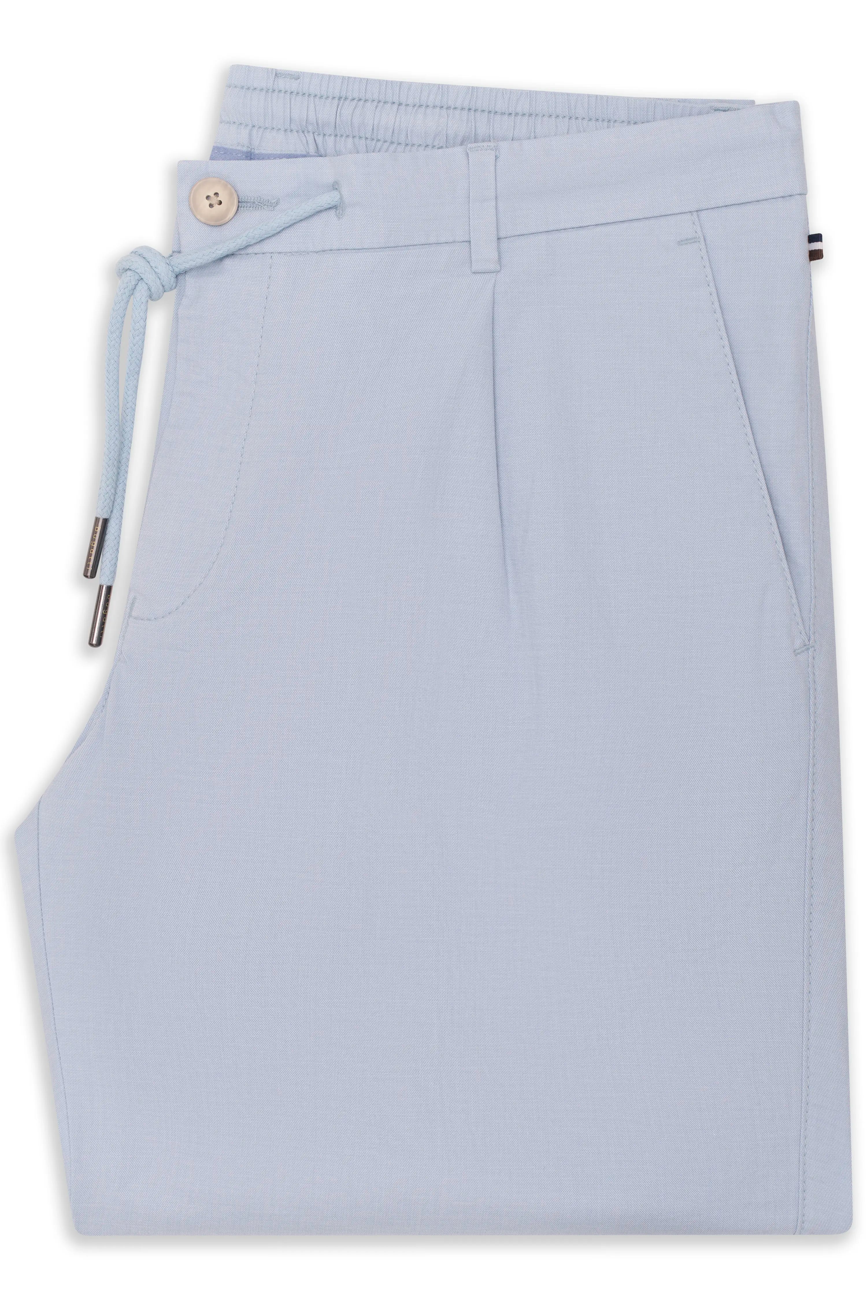 Light blue bugatti trousers, drawstring waist detail, elegant design. Bust image.