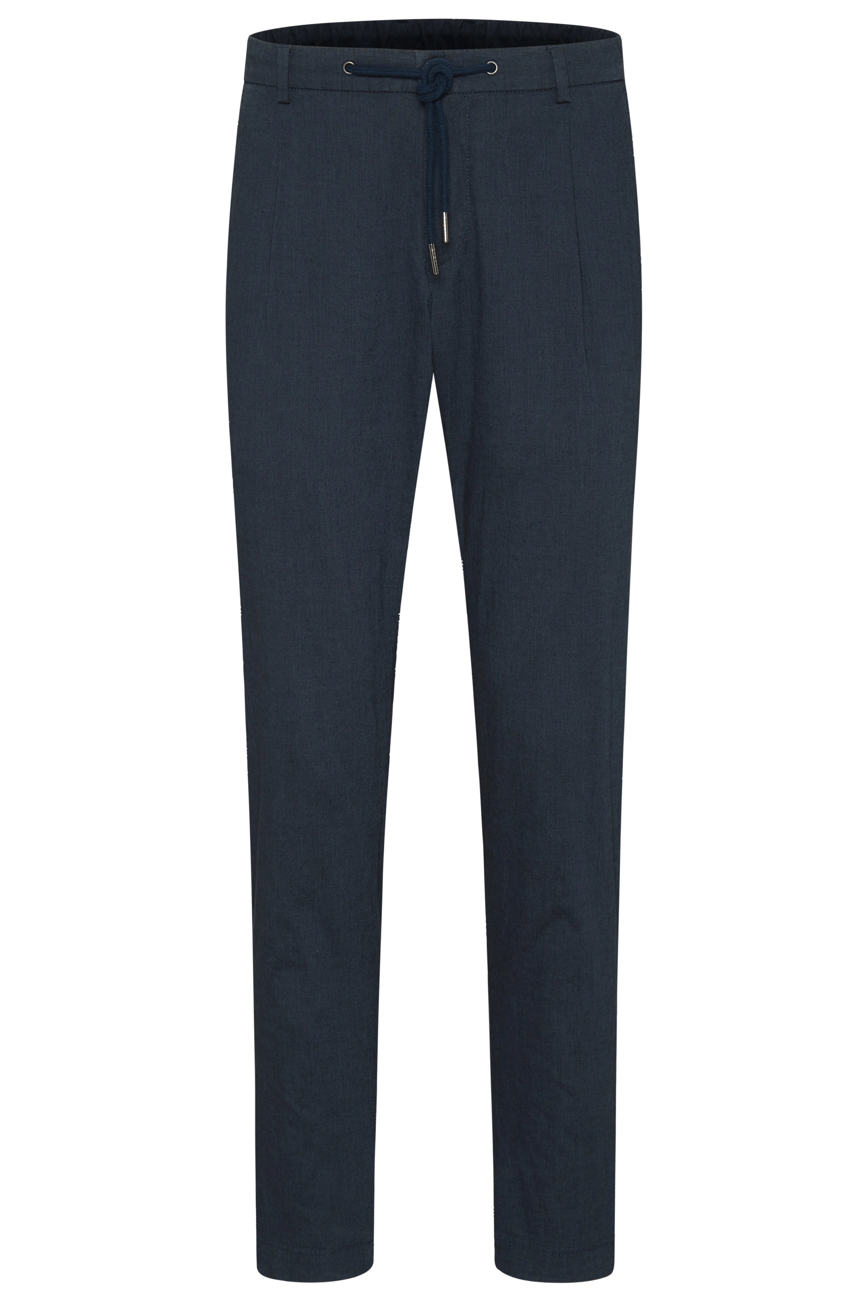 Donkerblauwe bugatti broek met trekkoord, casual design, busteweergave.