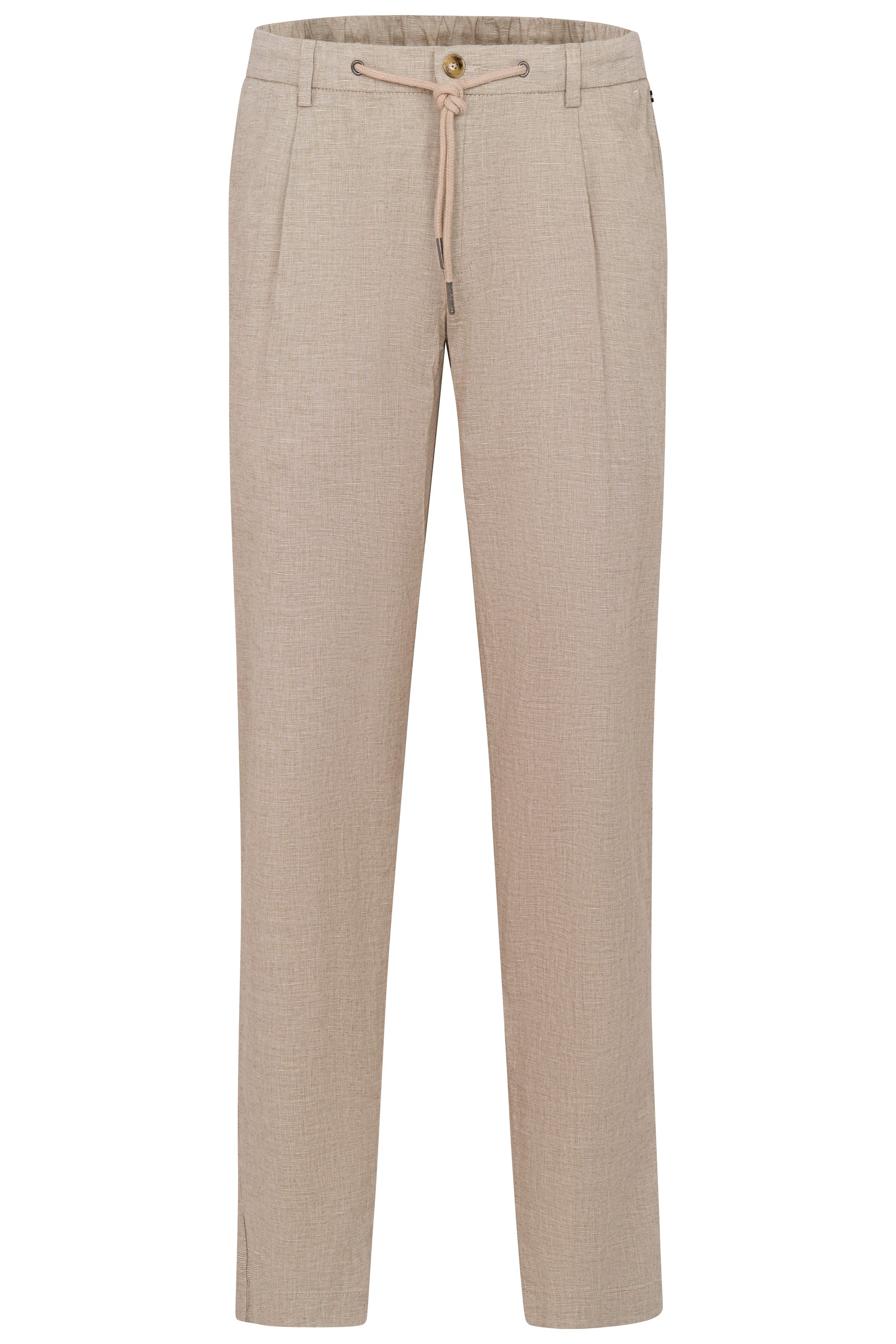 Beige bugatti broek met fijn patroon, casual buste-afbeelding, veterdetail aan de voorkant.