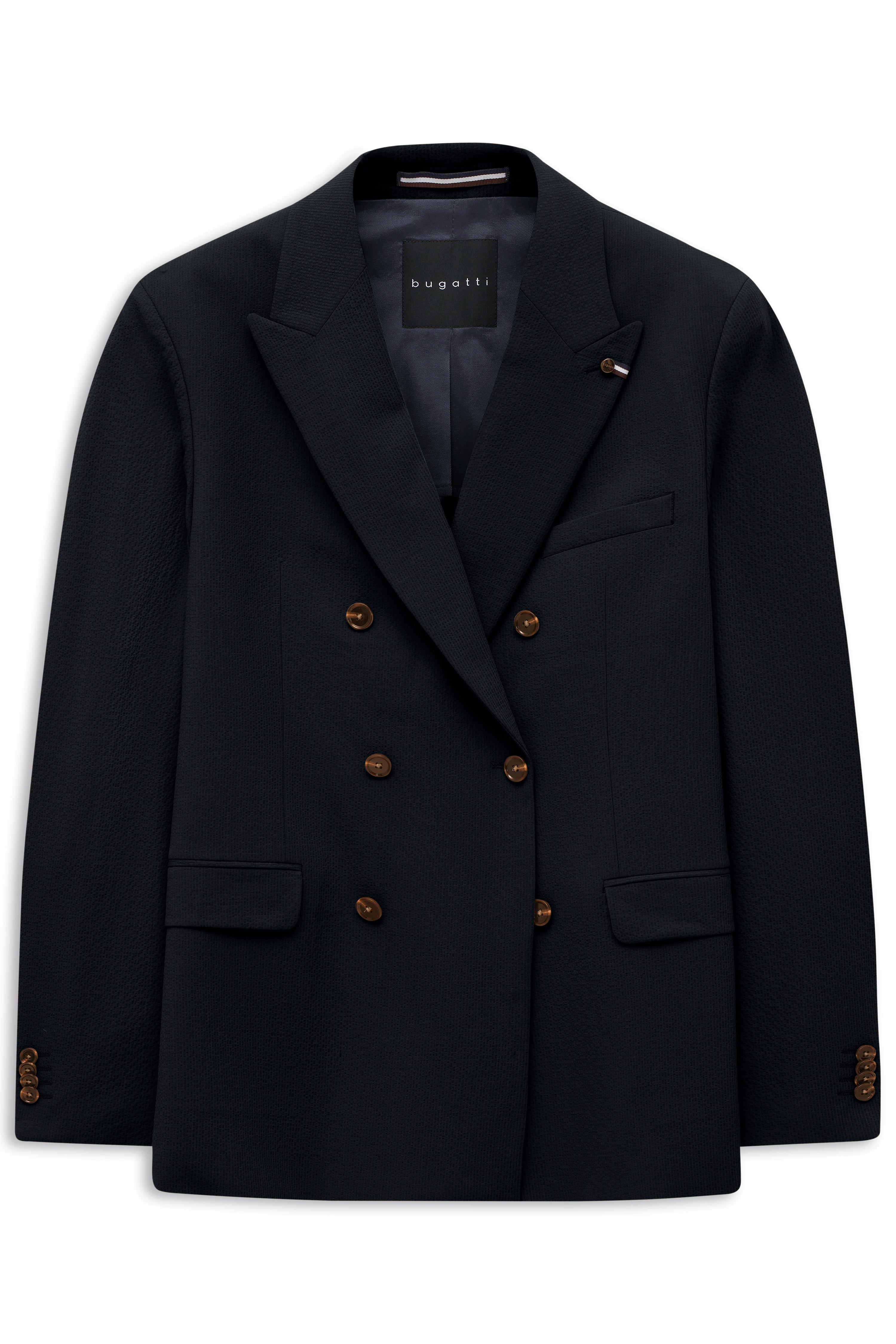 Dunkelblaues bugatti Sakko mit doppelter Knopfreihe, Büstenbildansicht.