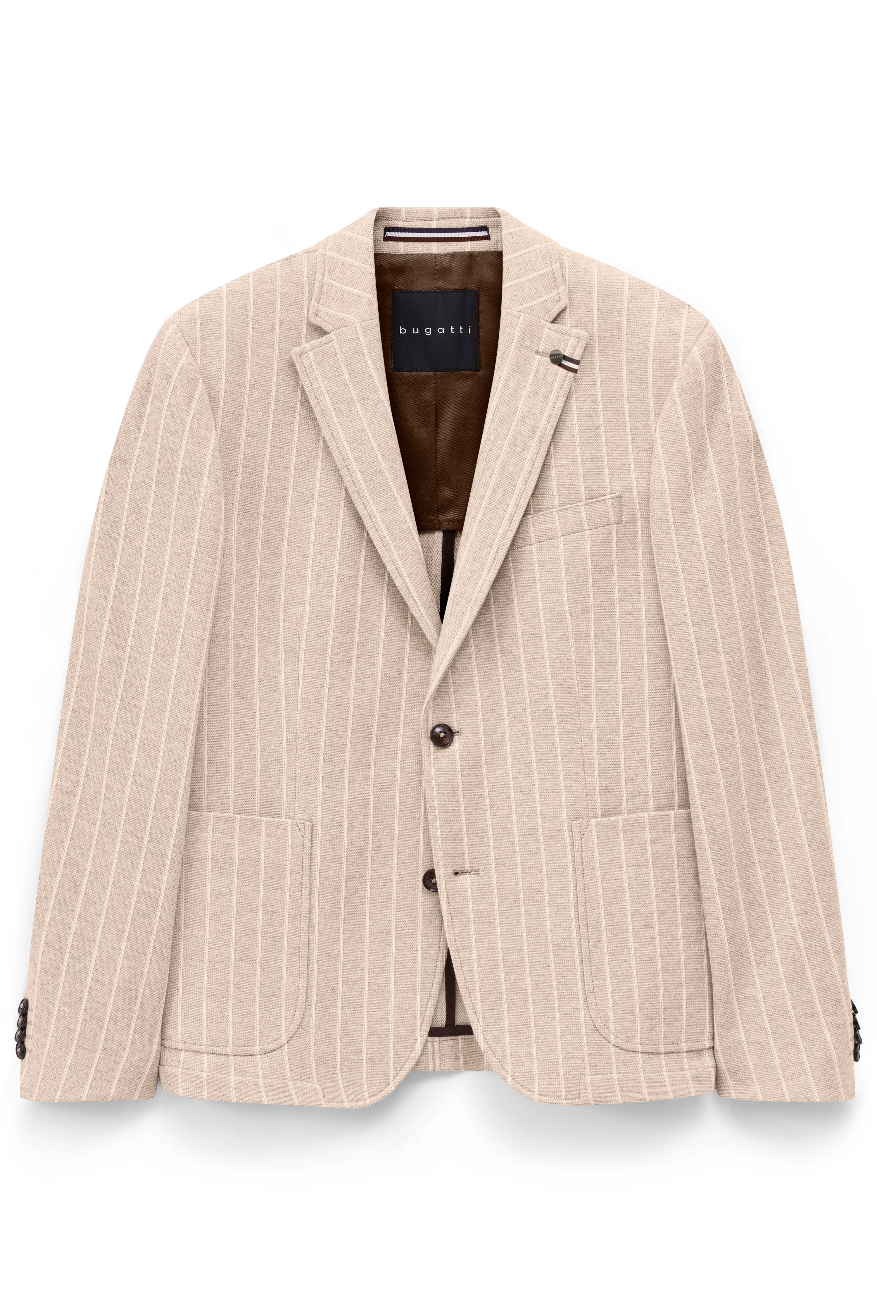 Beiger bugatti Blazer mit Nadelstreifenmuster, Büstenbild, klassisch und stilvoll.